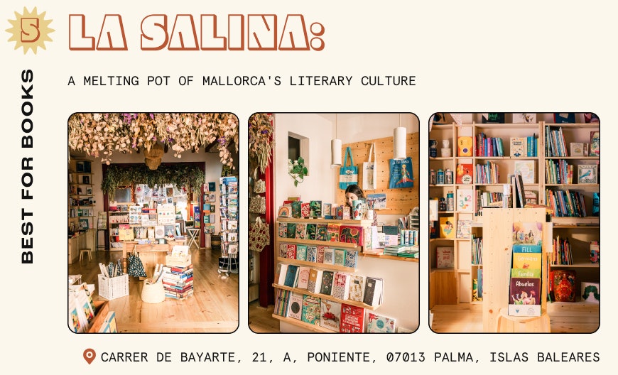 Collage of images showing a cozy but brightly-lit bookstore with a selection of colorful tote bags, books and stationary on display