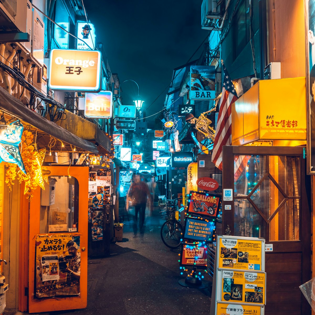 Shinjuku, Tokyo, Kanto region, Japan. Tiny alleys crowded with night bars and clubs at Golden Gai district.