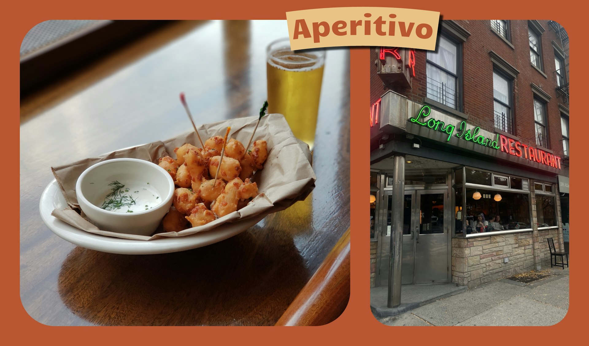 Collage of Long Island Bar's cheese curds and an exterior shot of the bar