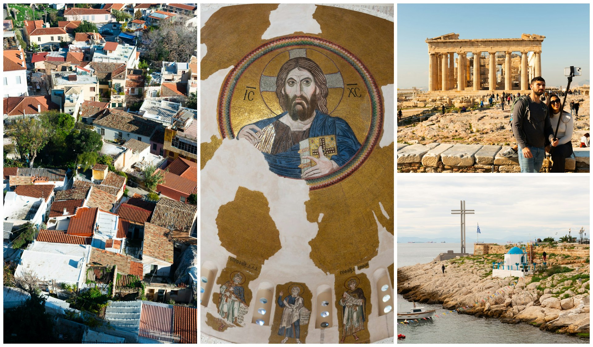 Collage of images including the Acropolis, mural walls of the Delphi and the Athens skyline from above