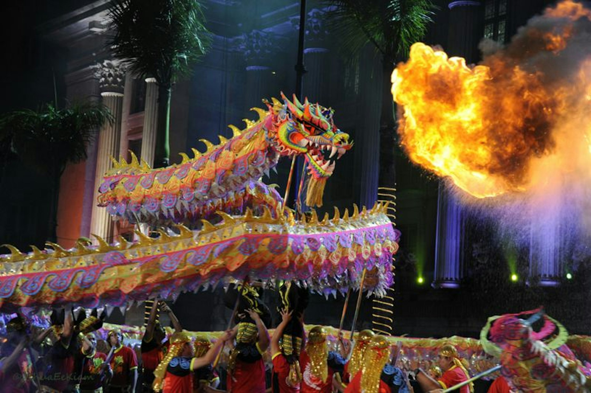 Dance of the Dragon with a huge fire puppet in Singapore