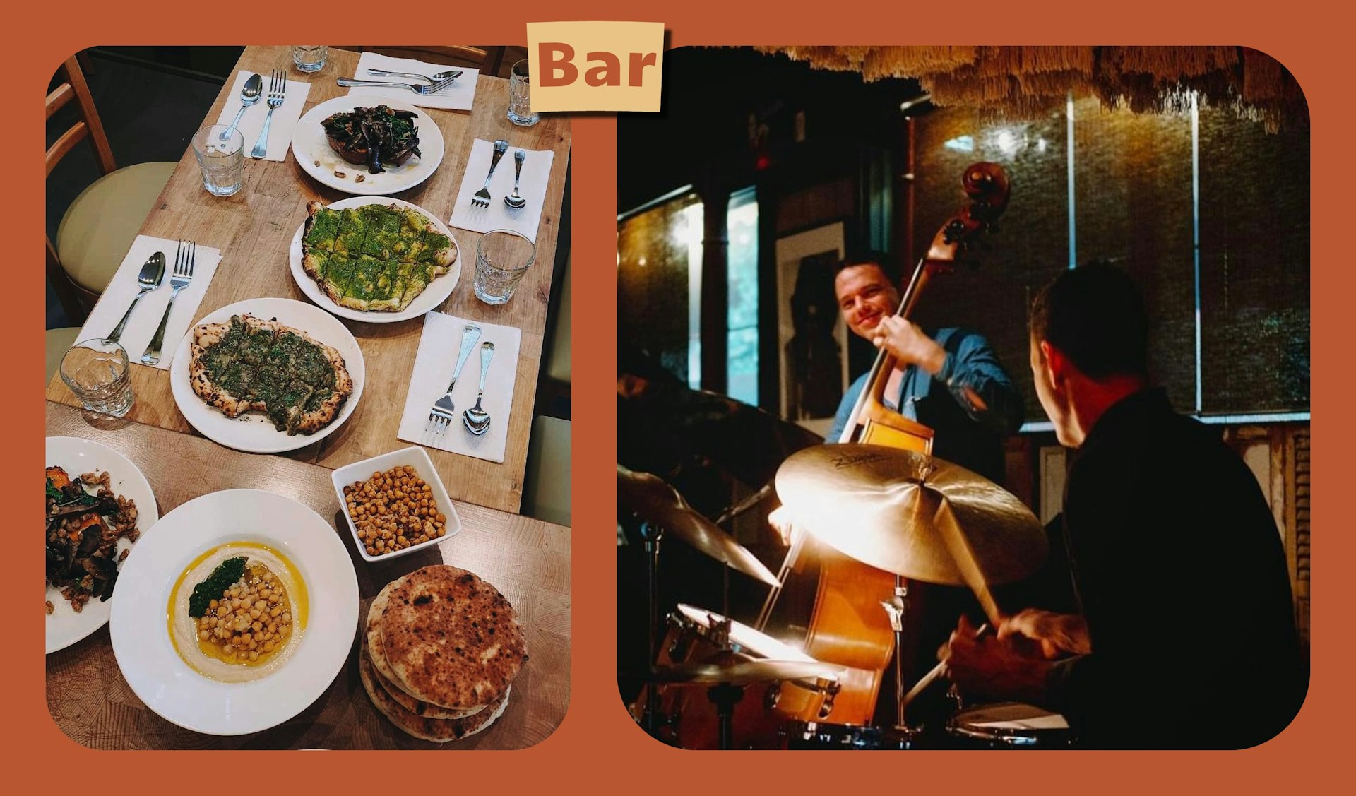 Collage of a spread of food at Ornithology Jazz Club and two musicians playing a set on the drums and bass 