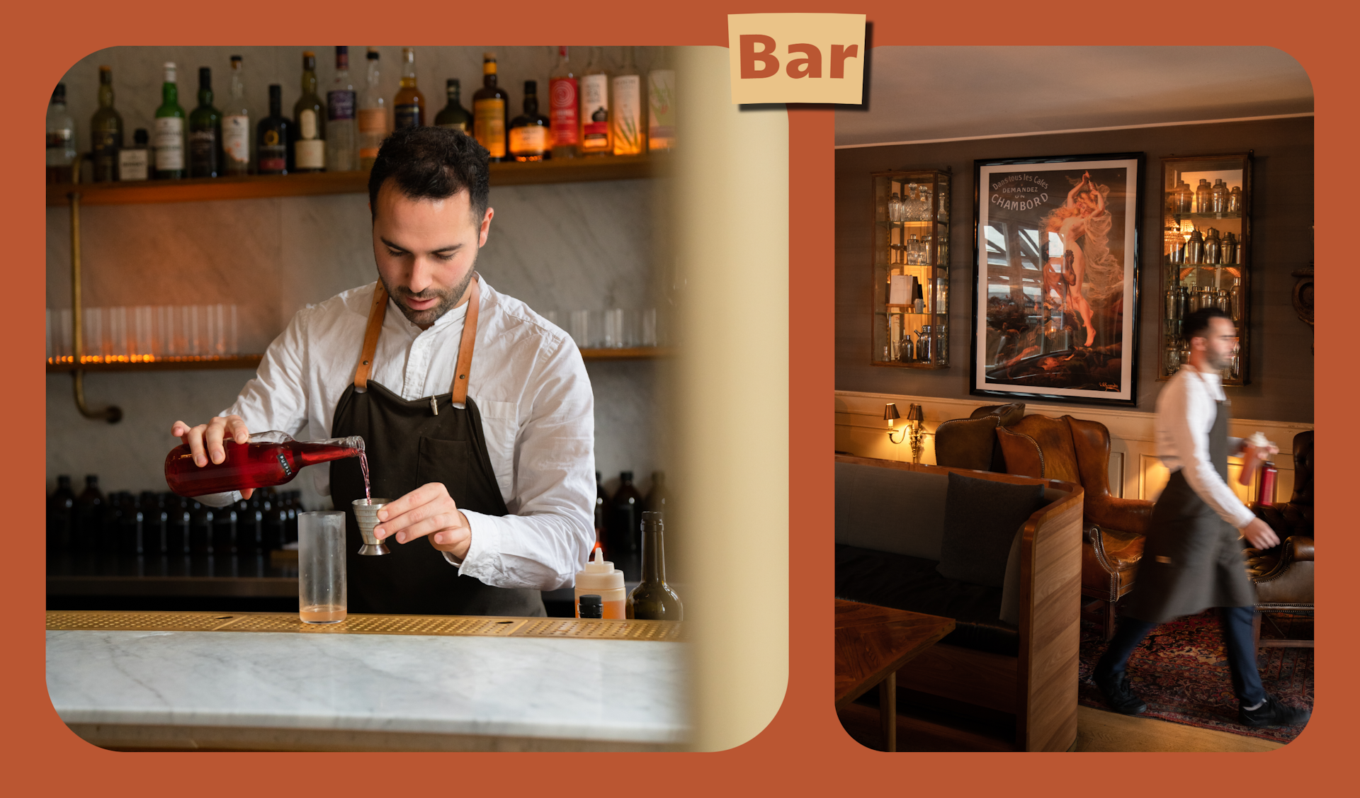 Left image shows a barman pouring a cocktail behind a bar. Right image shows the same barman walking through the dimly-lit interior or Rudy's cocktail bar