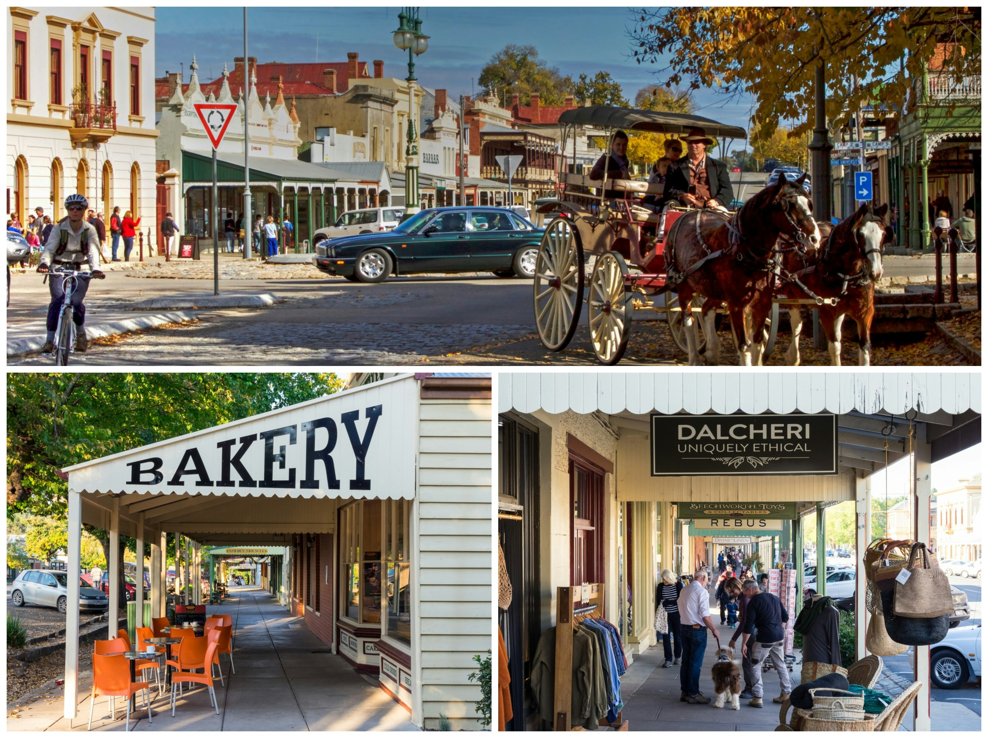 Shots of Beechworth village, incl. a horse-drawn carriage on main street, a bakery and vintage clothes for sale outside a shop