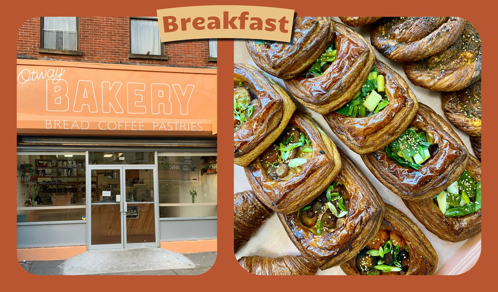 Collage of the Otway Bakery storefront and a spread of the bakery's pastries 