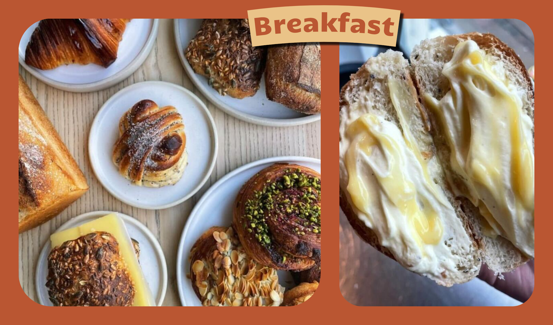 Left image shows a close-up of a lemon cream bun split in half. Right image shows a selection of pastries spread on a table in Juno the Bakery
