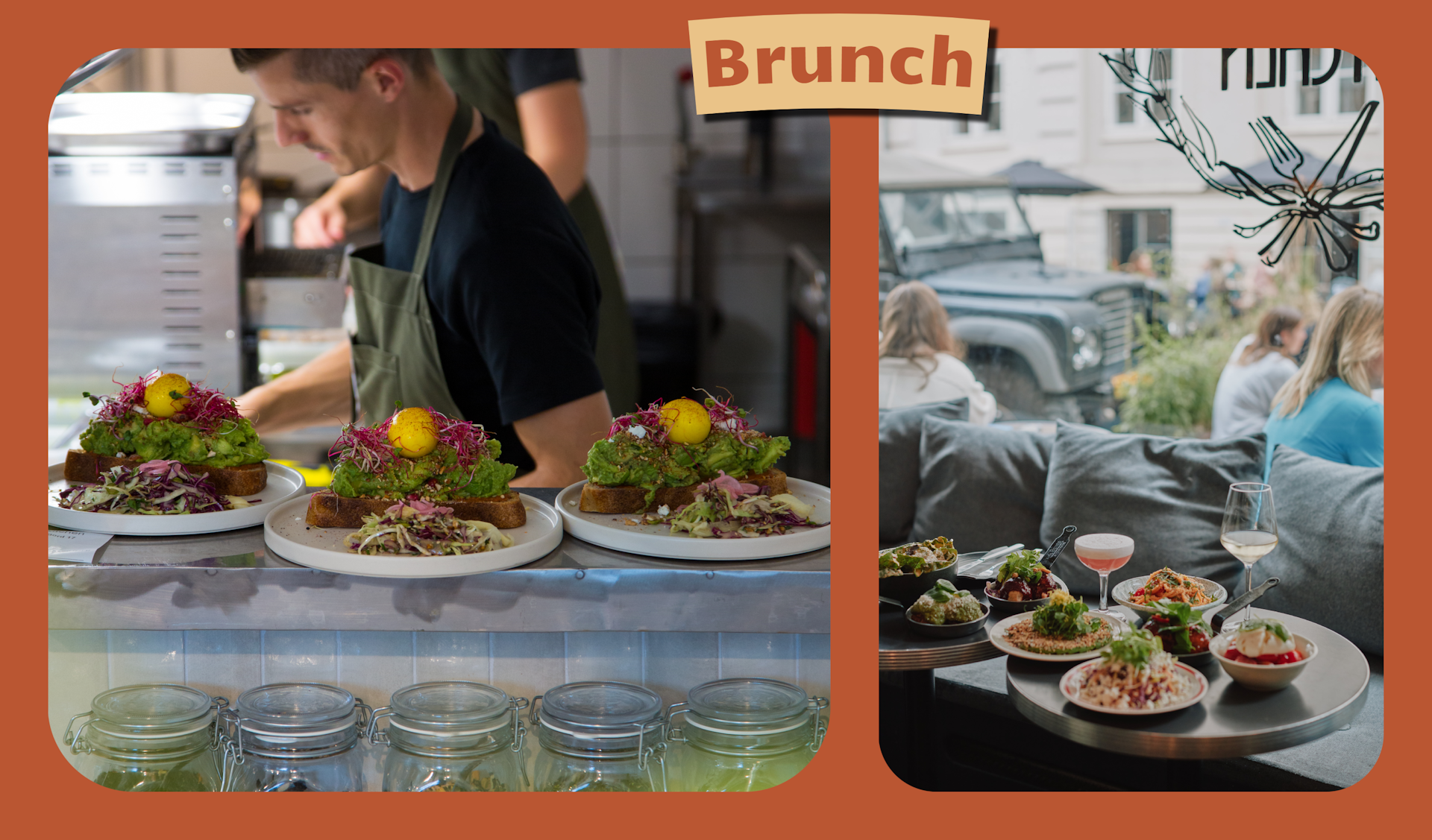 L: A plate of fresh Danish open sandwiches lie ready at the pass in Cadence. R: A spread of brunch dishes laid out near a window seat in Union City Kitchen