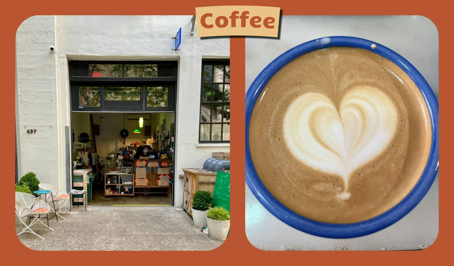Collage of the IXV Coffee storefront and one of their lattes with heart latte art 