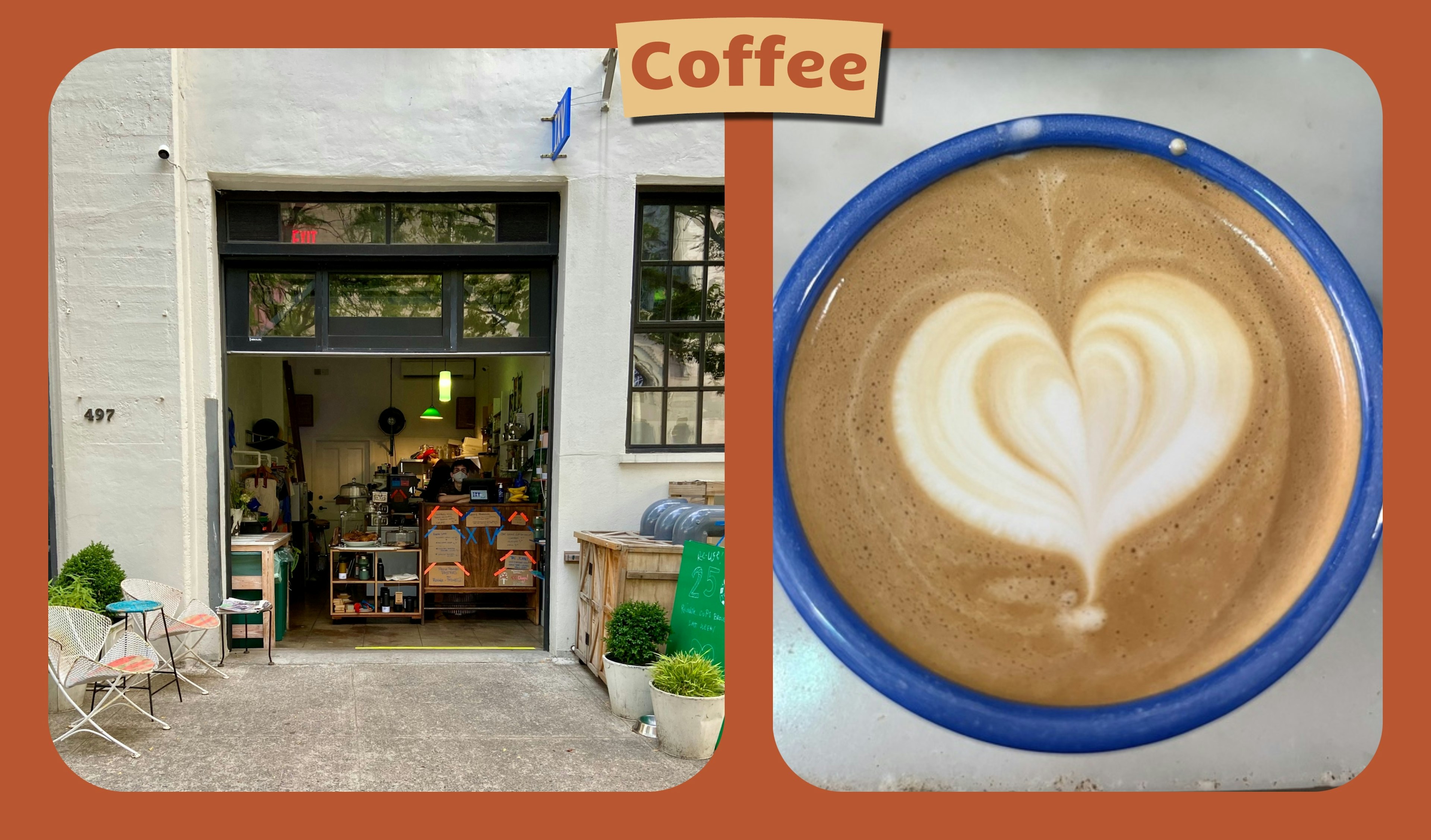 Collage of IXV Coffee's storefront and lattes