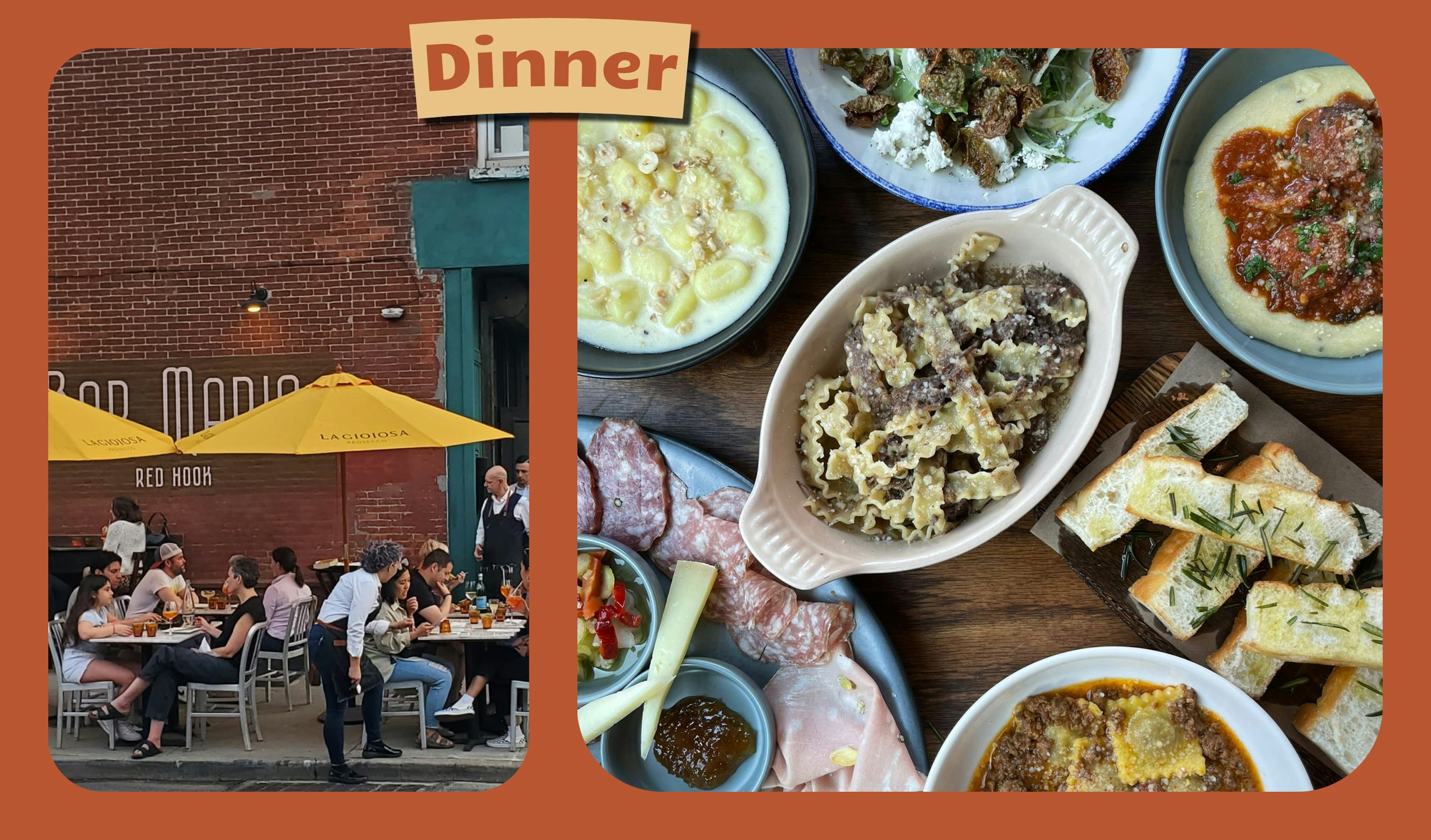 Collage of an exterior shot of Bar Mario with customers seated at under umbrellas; second photo is an overhead shot of many of the restaurant's pasta dishes