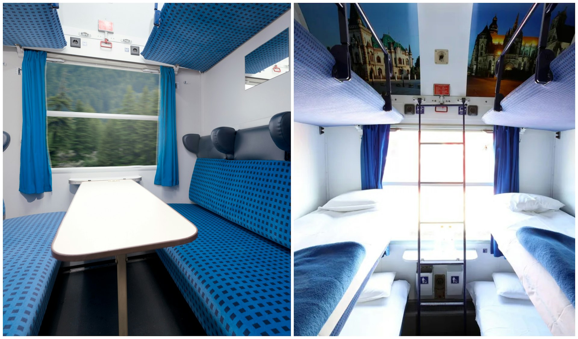 Interior shot of the Good Night Train's four-person couchette cabin with chairs that turn into beds