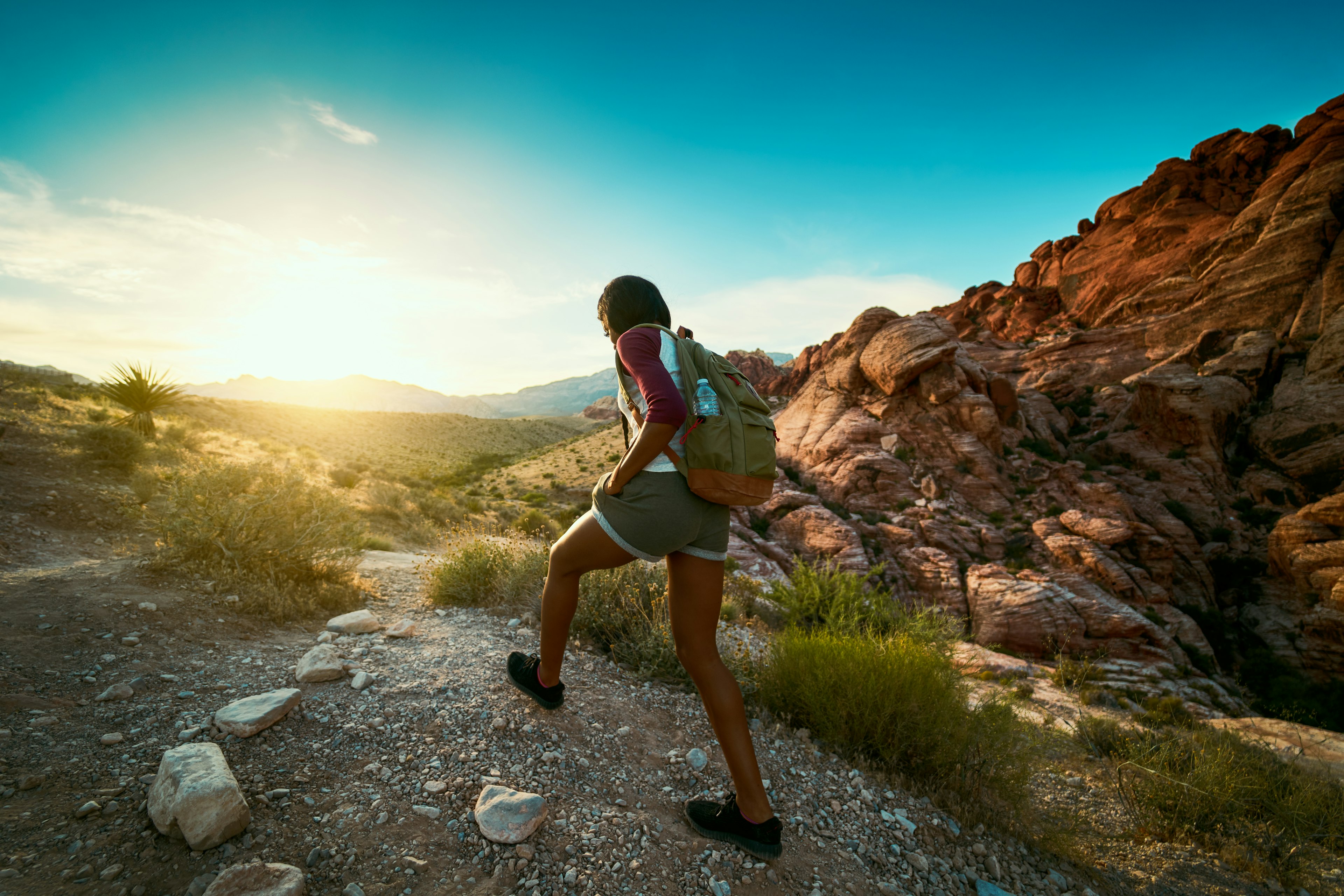 A hiker follows a trail in a landscape dominated by red rocks