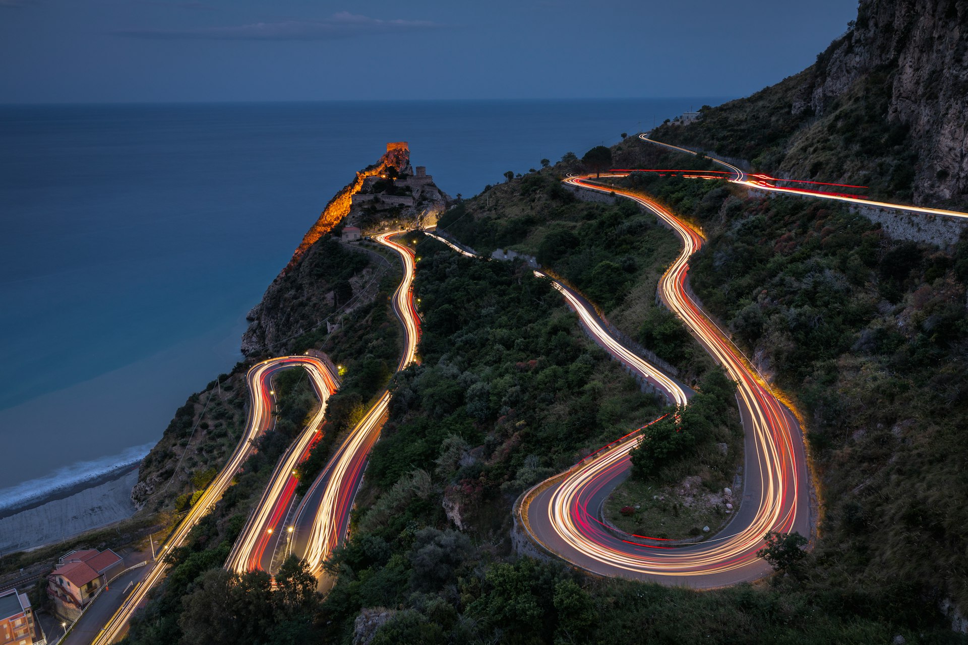 A curvy mountain pass in Sicily at night