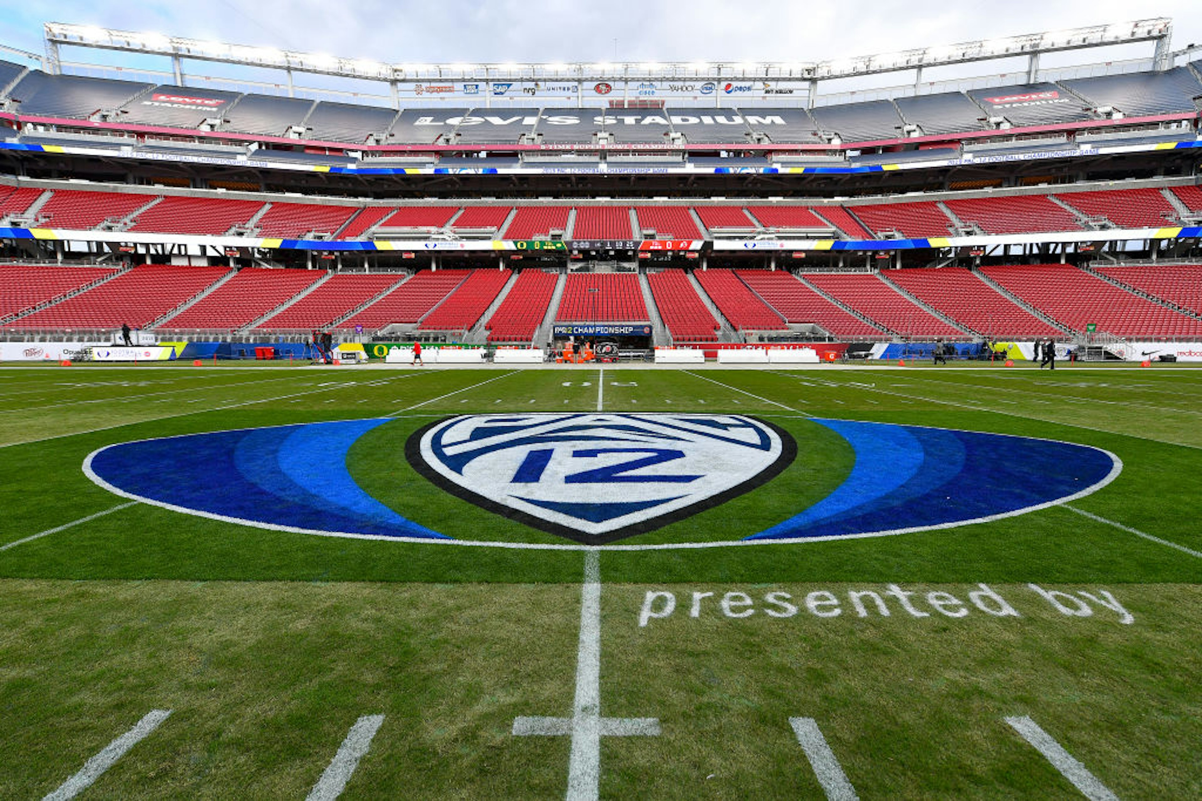 Interior view of empty stands and the pitch at Levi's Stadium in Santa Clara, California.