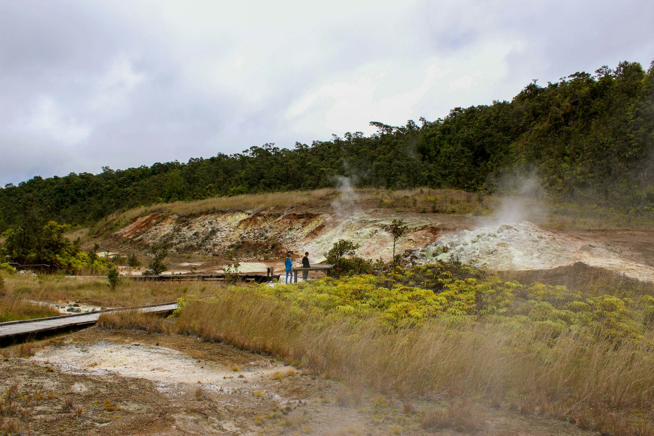Tourists view the Sulphur banks that can be found walking along the boardwalk in Volcanoes National Park on the Big Island, Hawaii. Volcanic gases steam from the ground as sulphur vents / steam vents
1285860174
steam vents, sulphur vents, volcanoes national park, sulphur dioxide, attraction, tourists, trail, crater rim trail, soil acidity, pathways, cracks, magma, sulfur, rotten egg, hydrogen sulfide, h2s, so2, ground water, emitted, ha'akulamanu, vaporizes, steaming bluff, wahinekapu, tourist attraction, volcanic gases, sulphur vent, sulfur vent, sulphur bank, steam banks, big island, hawaii