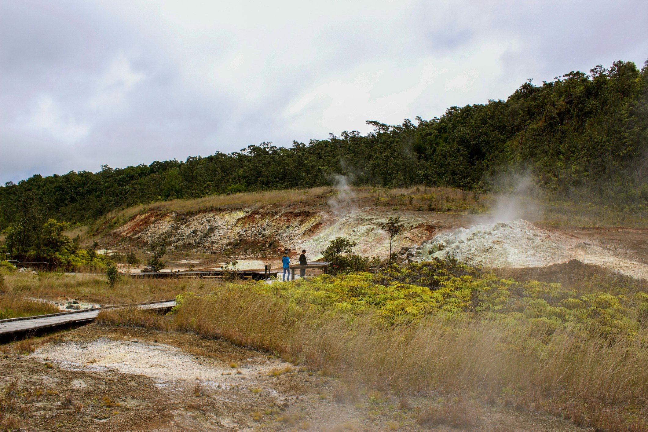 Tourists view the Sulphur banks that can be found walking along the boardwalk in Volcanoes National Park on the Big Island, Hawaii. Volcanic gases steam from the ground as sulphur vents / steam vents
1285860174
steam vents, sulphur vents, volcanoes national park, sulphur dioxide, attraction, tourists, trail, crater rim trail, soil acidity, pathways, cracks, magma, sulfur, rotten egg, hydrogen sulfide, h2s, so2, ground water, emitted, ha'akulamanu, vaporizes, steaming bluff, wahinekapu, tourist attraction, volcanic gases, sulphur vent, sulfur vent, sulphur bank, steam banks, big island, hawaii