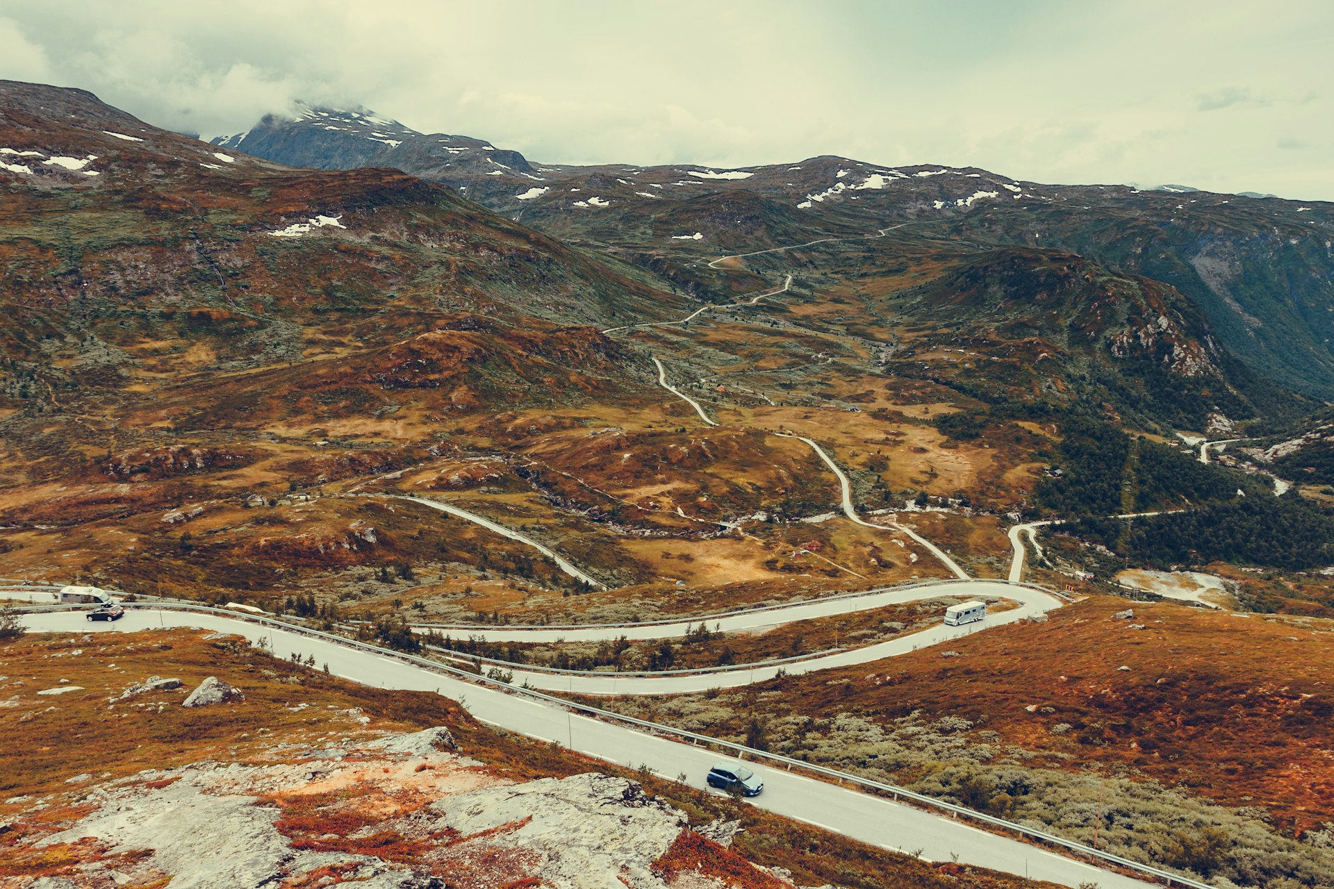 A zig-zagging passage of Rte 55 across the Sognefjellet plateau, Norway