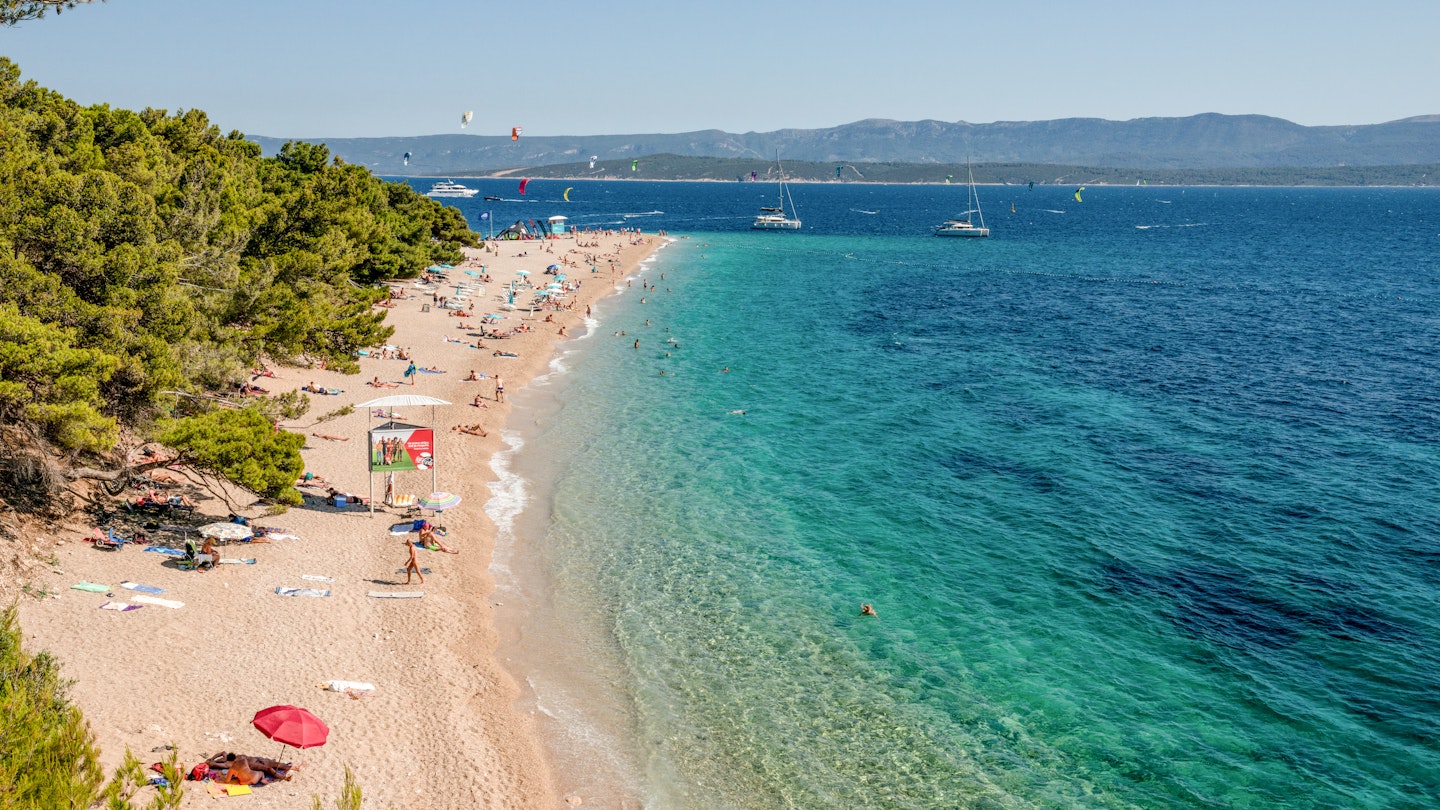 BOL, CROATIA - JUNE 27: Zlatni Rat beach as seen from the pinewood on June 27, 2021 in Bol, Croatia. Croatia has already reported a 40 percent increase in tourists relative to last year, when the Covid-19 pandemic dampened tourism across the continent. (Photo by Elisabetta Zavoli/Getty Images)
1325790008