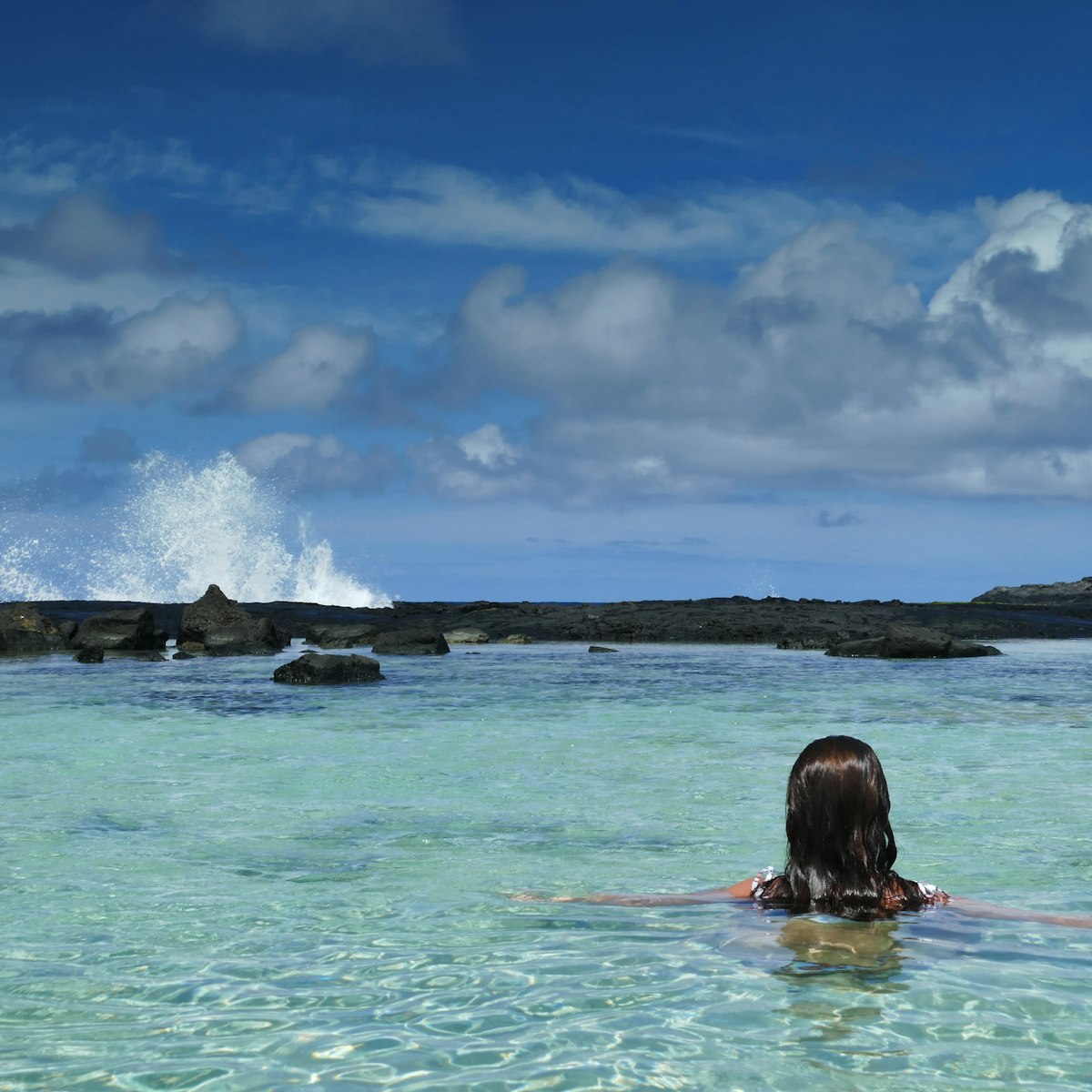 1343022158
Wawaloli Beach Park, Kalaoa, Kailua-Kona, Hawai’i - September 18, 2019: Woman enjoys the protected waters of the tide pools at Wawaloli Beach while the surf crashes in the distance.
Wawaloli Beach Park, Kalaoa, Kailua-Kona, Hawai’i - September 18, 2019: Woman enjoys the protected waters of the tide pools at Wawaloli Beach while the surf crashes in the distance.