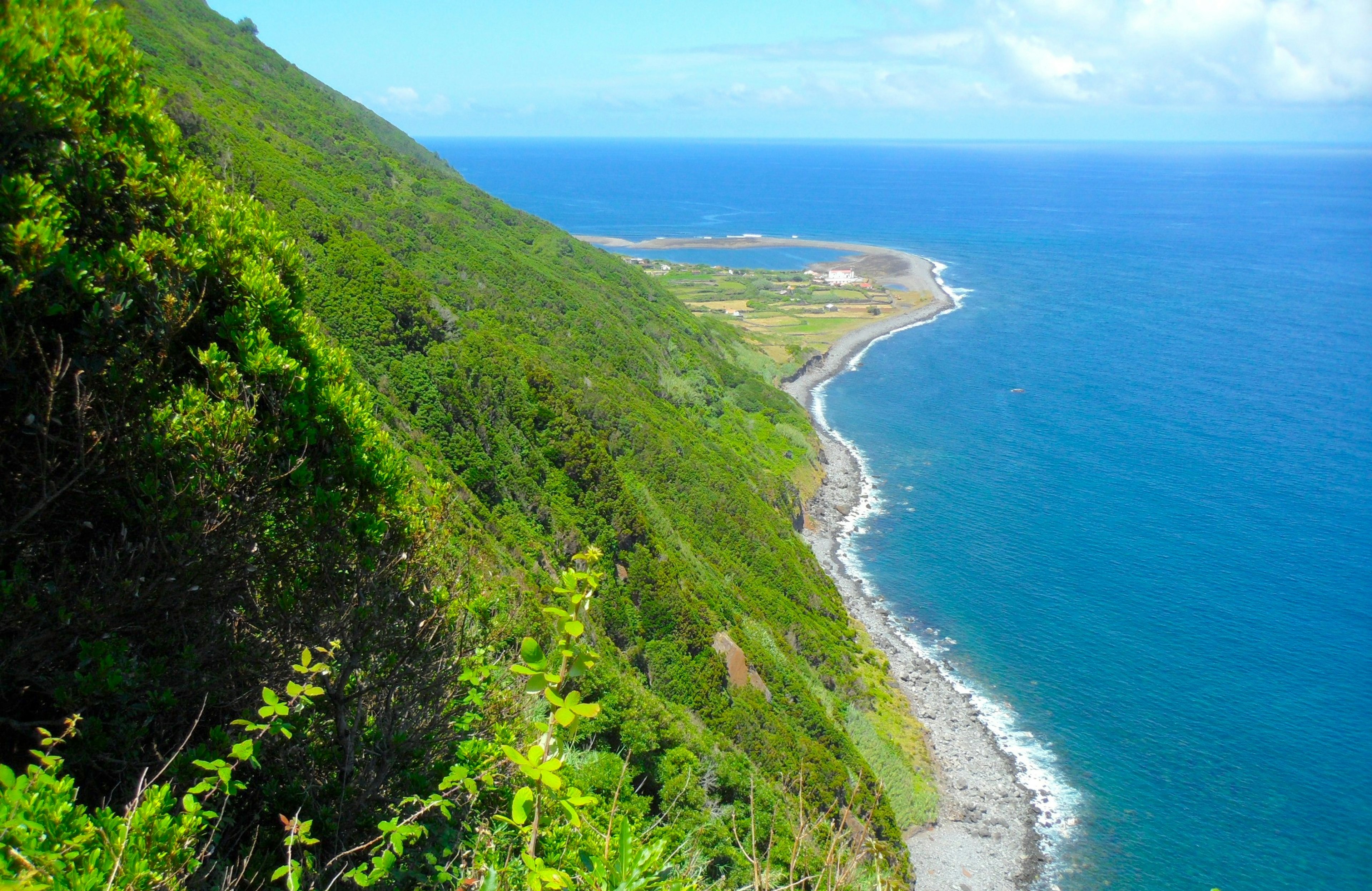 View of Fajãs da Caldeira along the hiking route Serra do Topo to Fajãs dos Cubres, São Jorge, Azores, Portugal