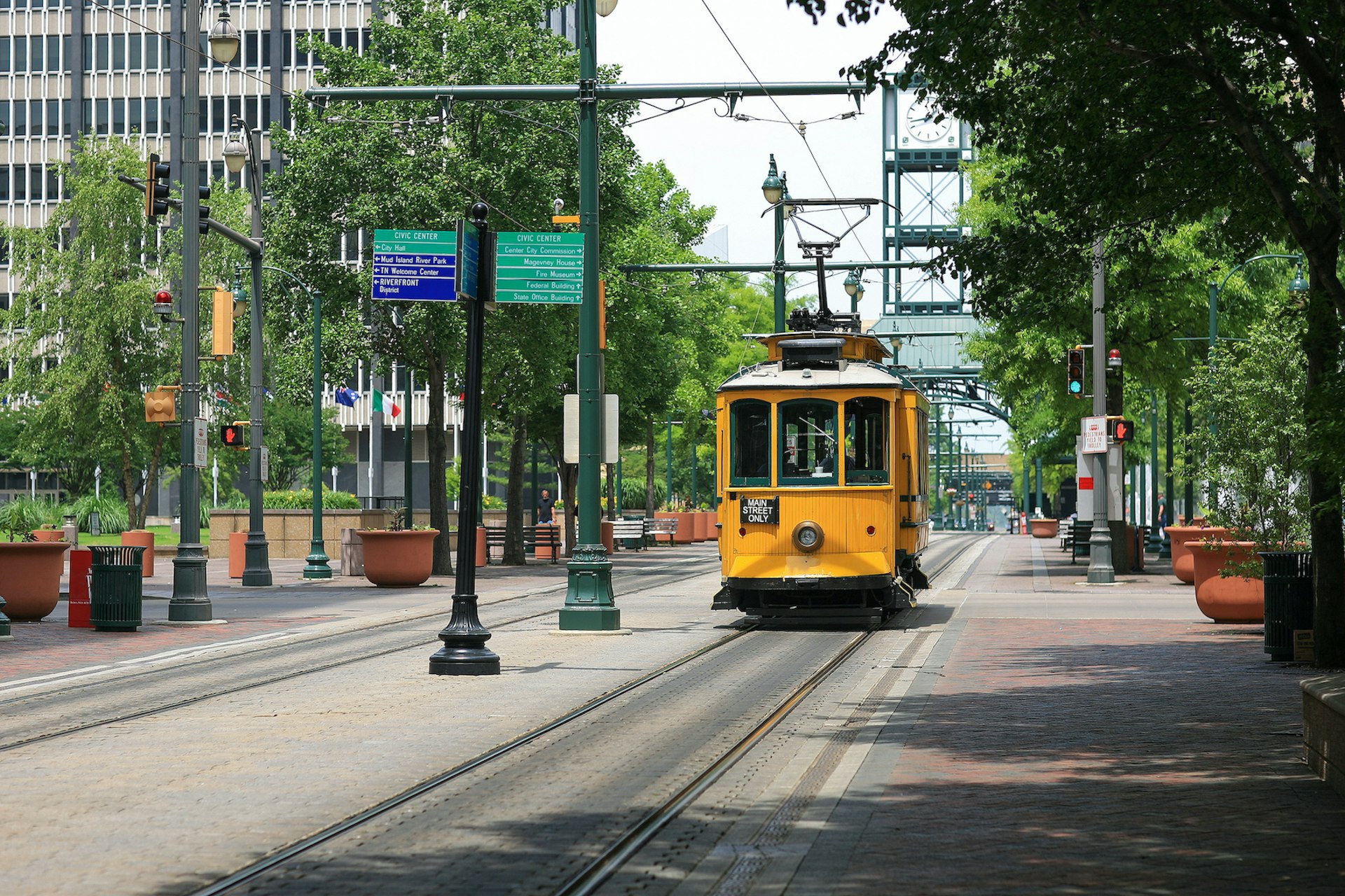 A yellow trolley on the street in Memphis, Tennessee