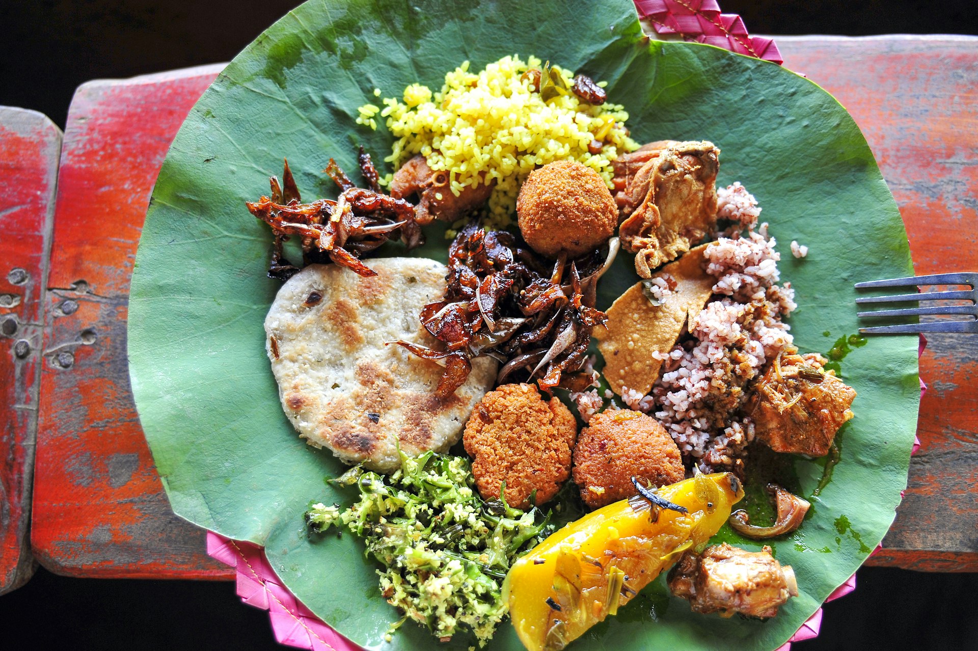 Traditional vegetarian food from Sri Lanka served on a leaf