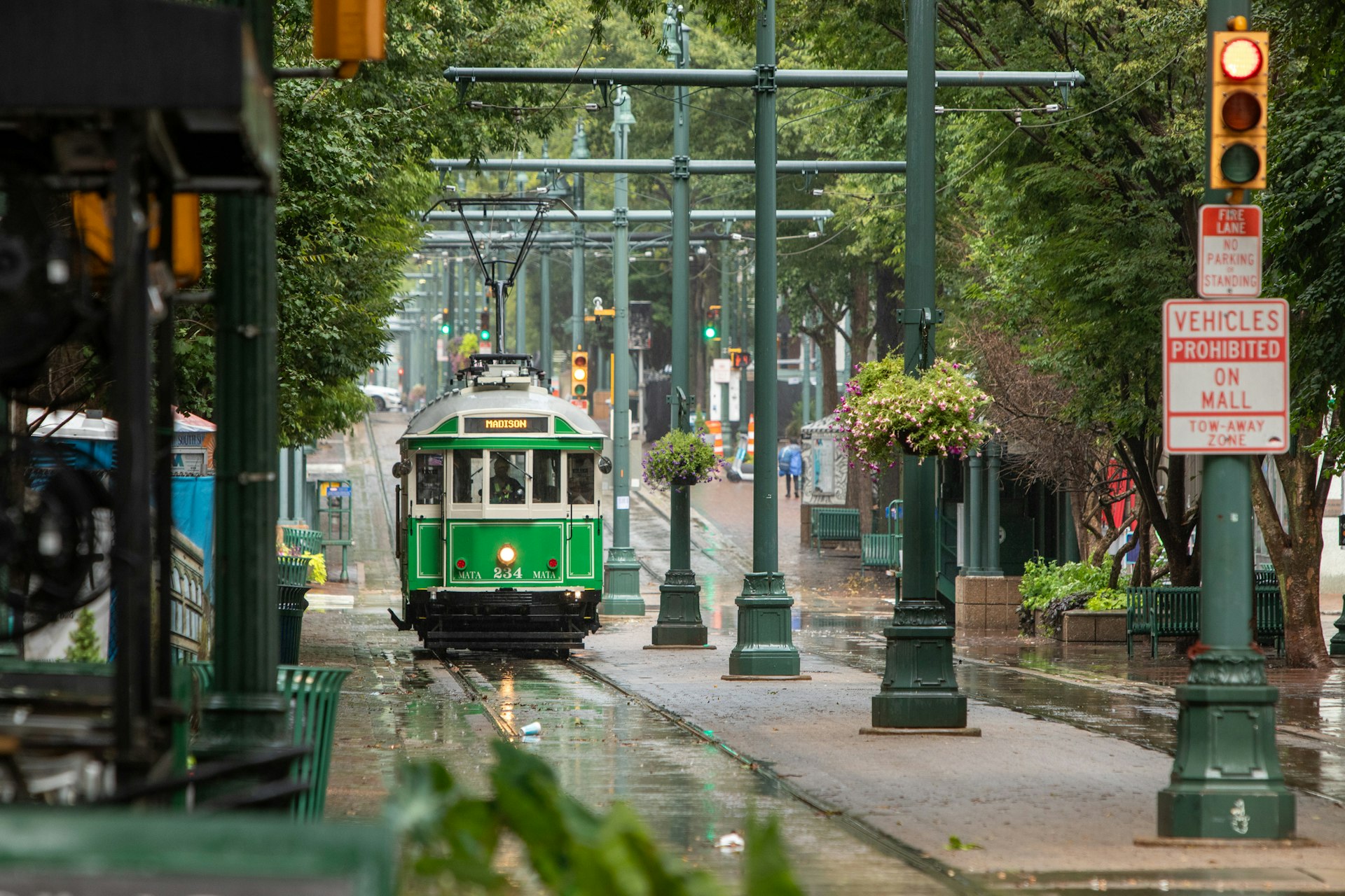 A green trolley on the street in Memphis, Tennessee