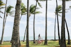 Young man and young woman walk among palm trees along the ocean during a vacation on the island
1753768251