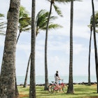 Young man and young woman walk among palm trees along the ocean during a vacation on the island
1753768251