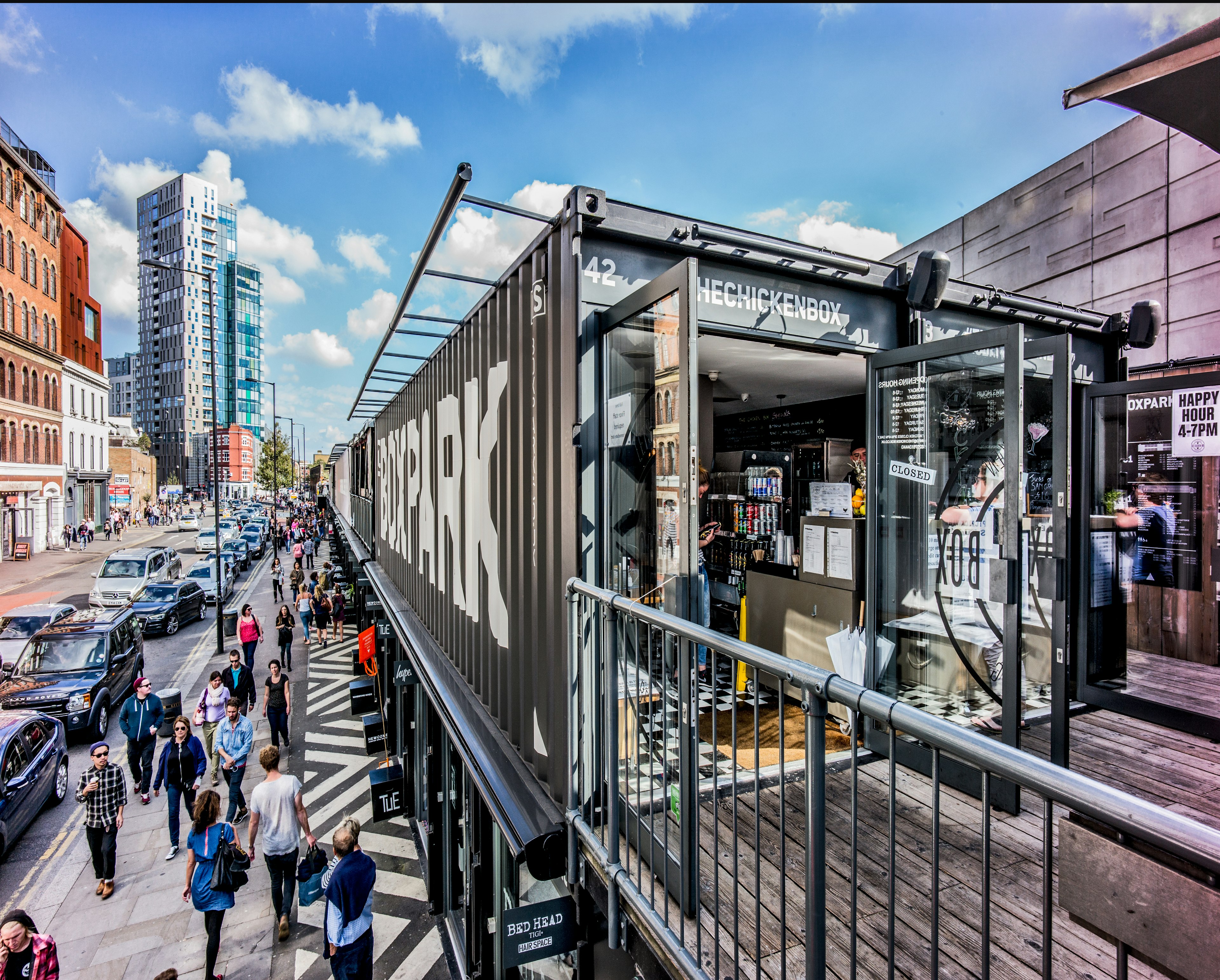 Box park a container boutique shopping district in Shoreditch London.