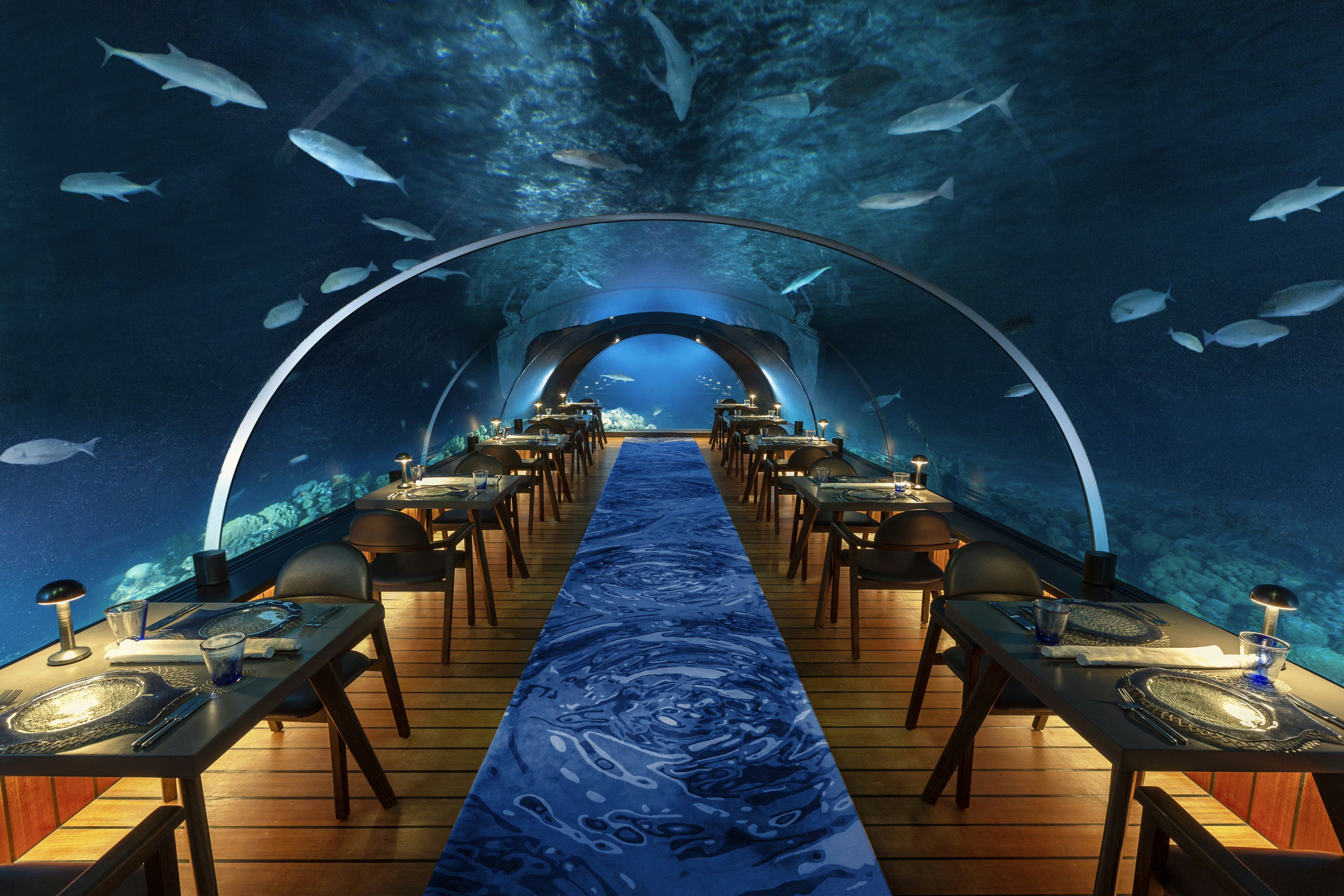 The dining room at 5.8 Undersea Restaurant at Hurawalhi Island Resort, Maldives