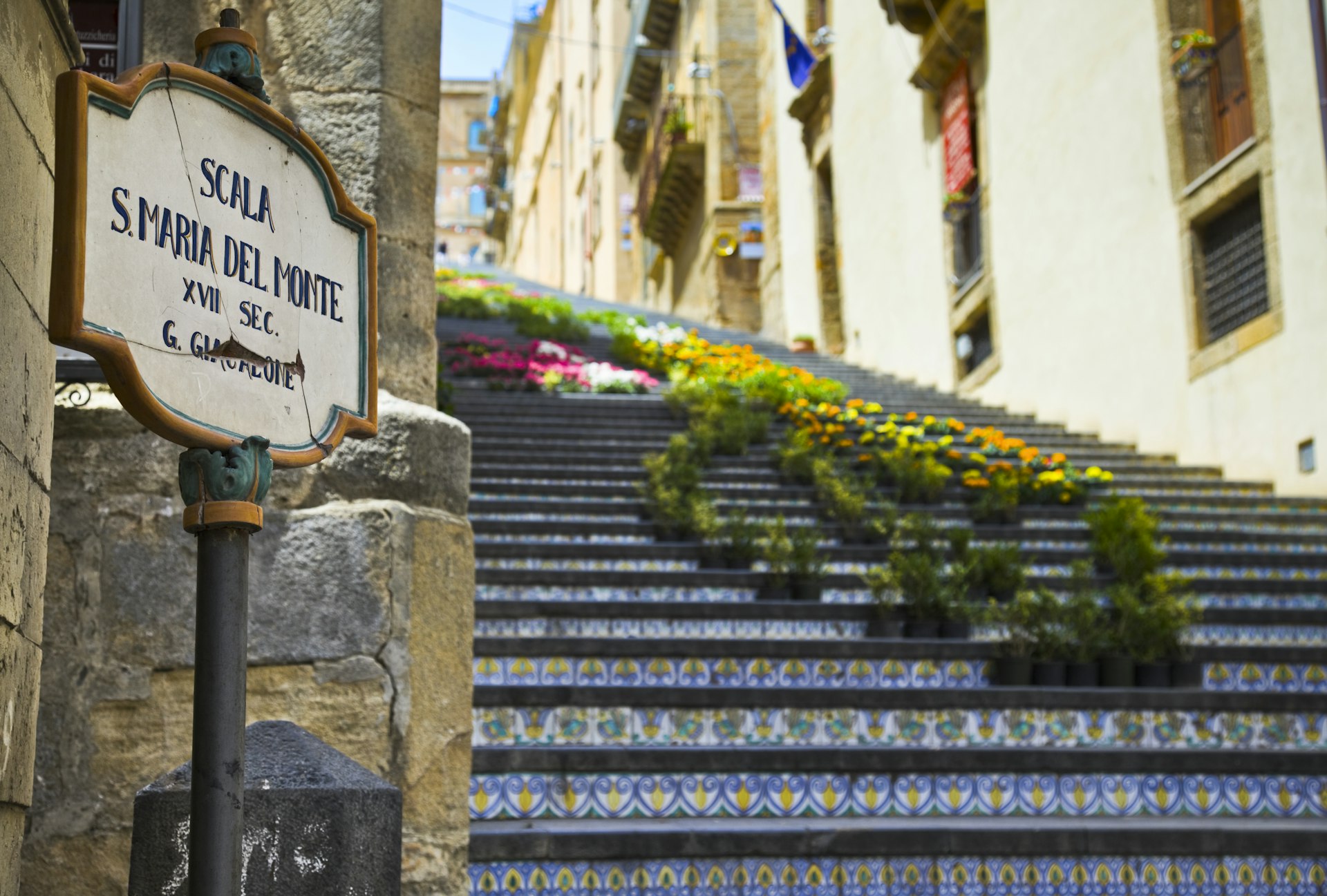 Staircase of Santa Maria del Monte (Scala di Santa Maria del Monte) in Caltagirone, Sicily The very long flight of steps is covered with colorfully painted tiles.