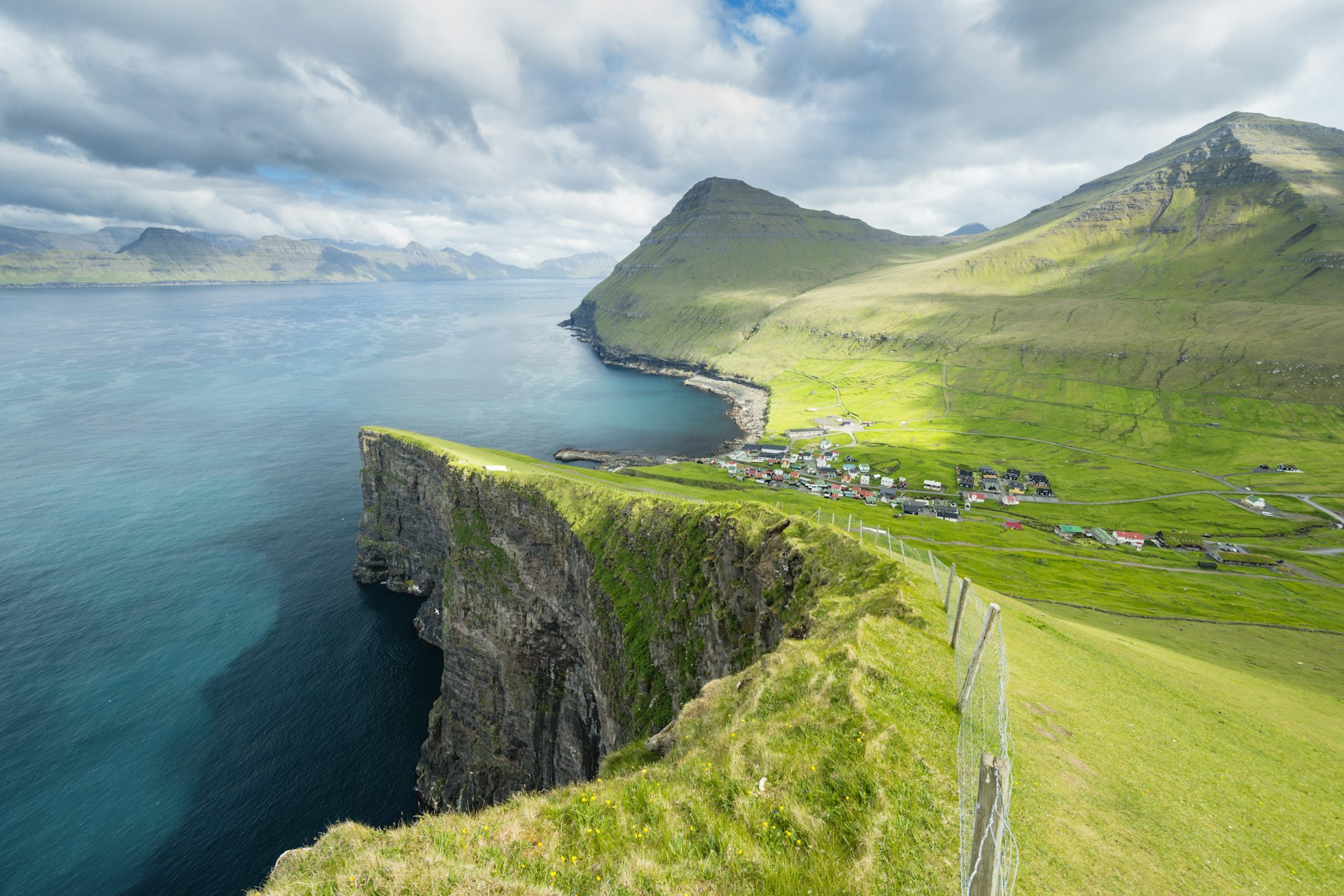 Vistas amplas do mar e das terras agrícolas em Gjogv, Ilhas Faroe