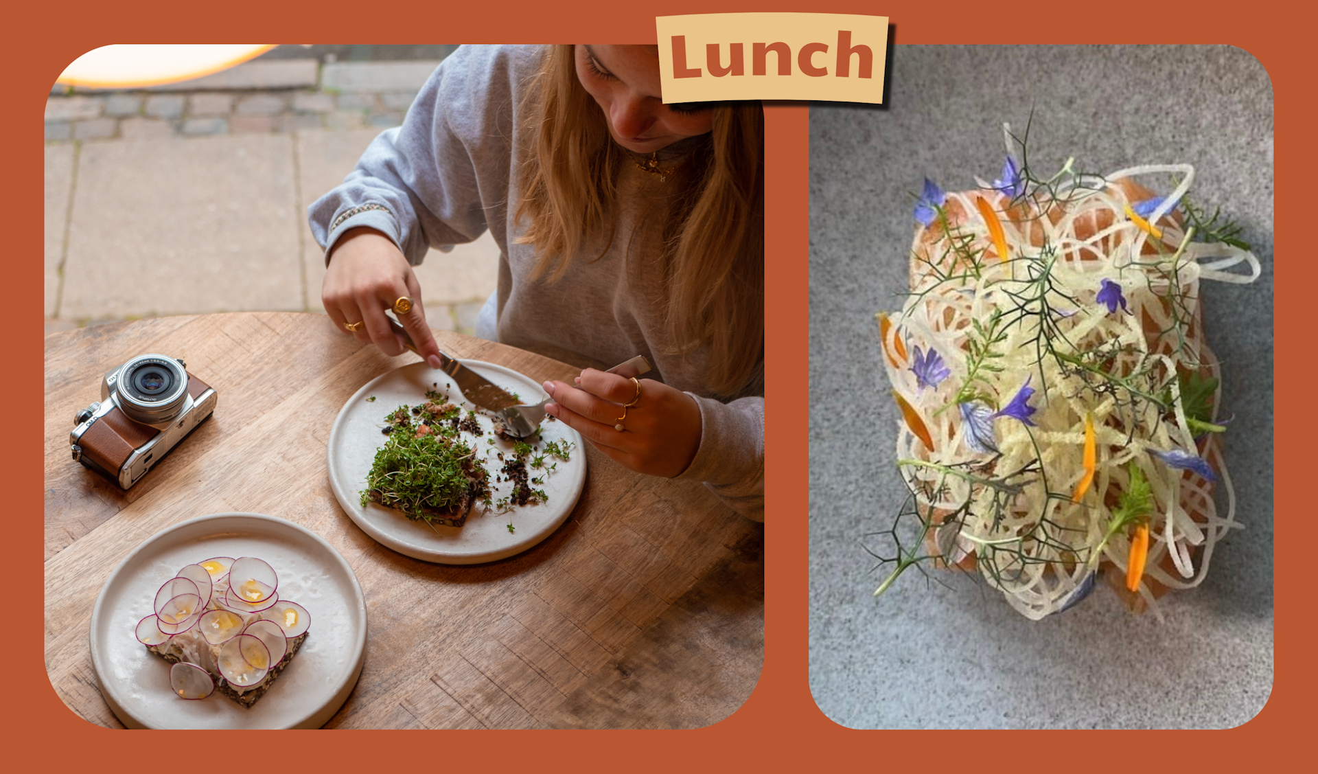 The left image shows a young woman tucking into a Danish open sandwich. The right image shows a close-up of a herring dish at Selma