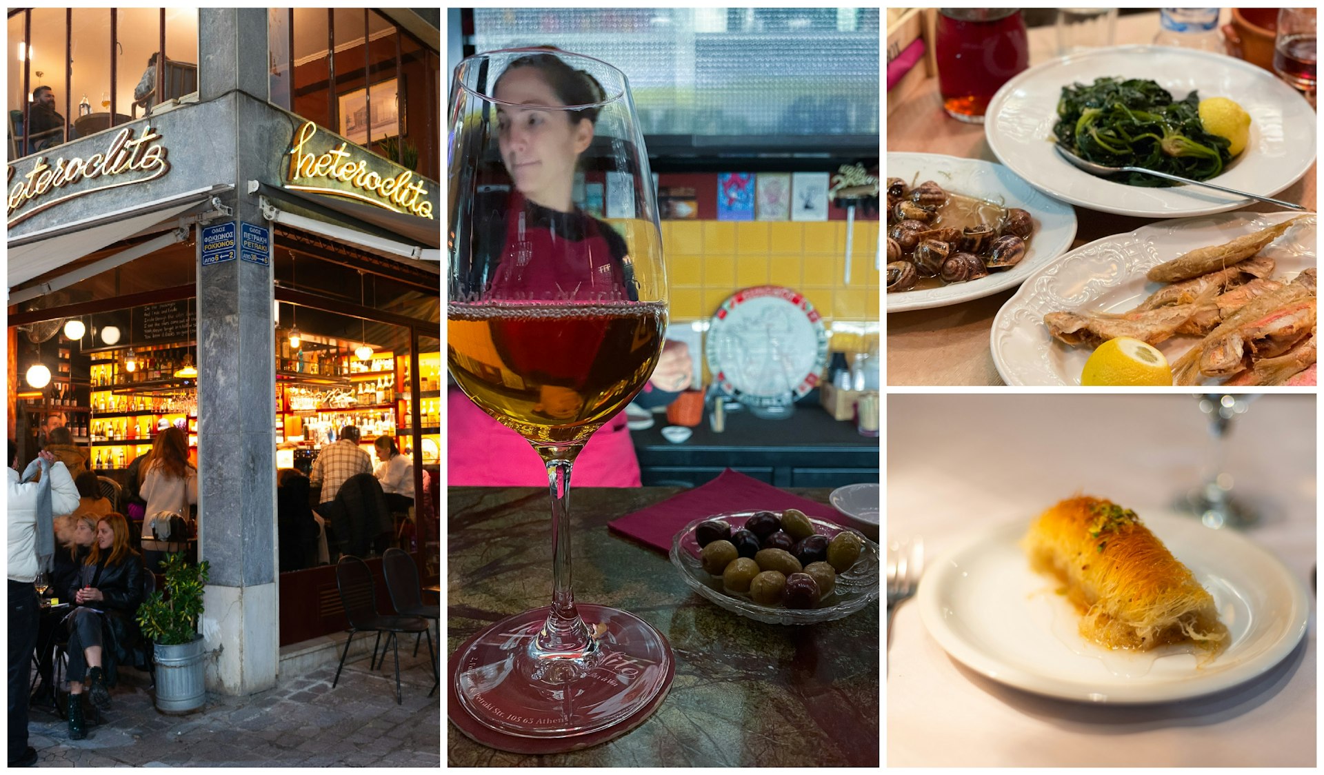 A collage of images from a night out in Athens including people gathering on a bar terrace, a glass of wine and olives, a dish of fried fish and a plate of filo pastry