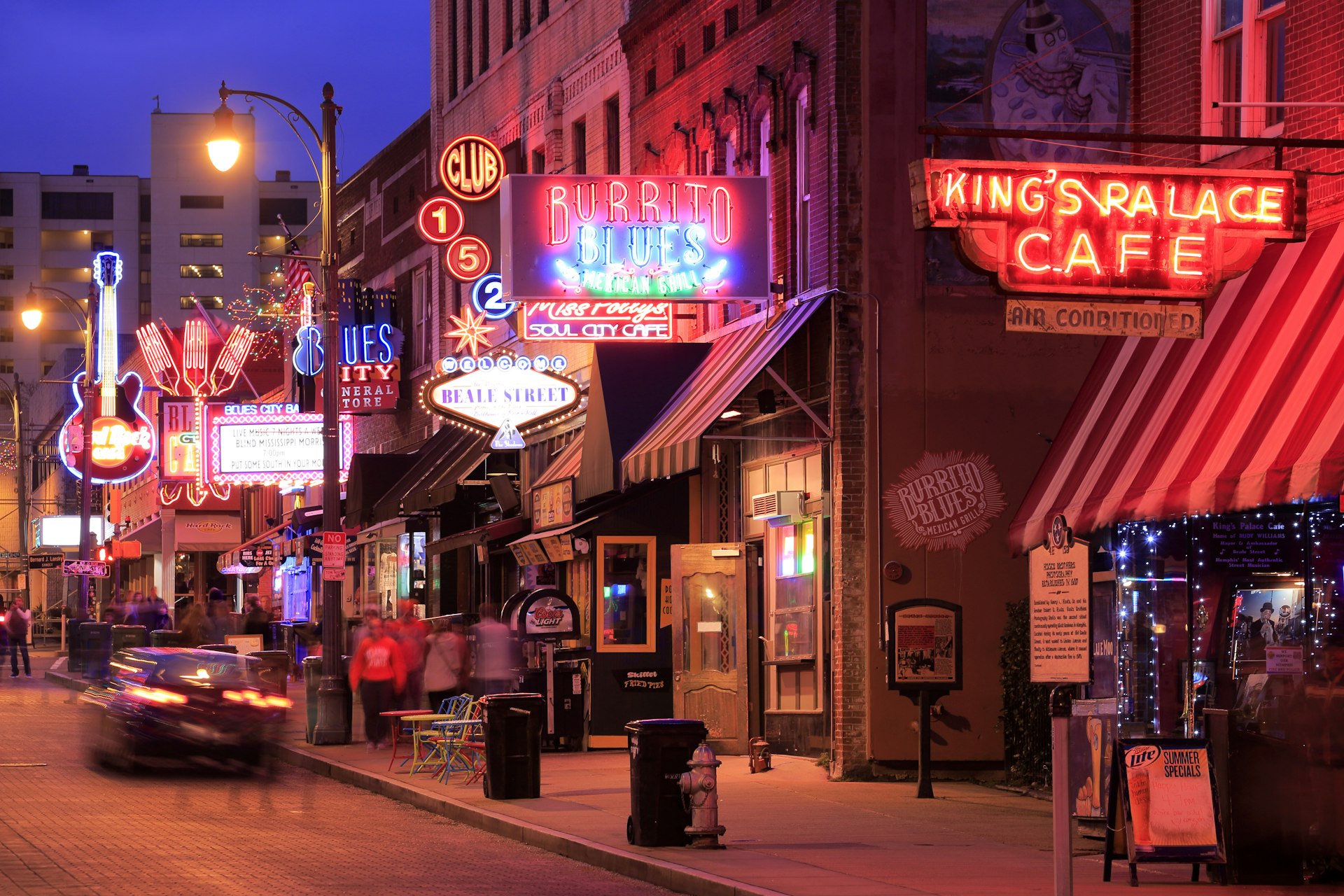 Bright lights and signs outside clubs on Beale St, Memphis, Tennessee, USA