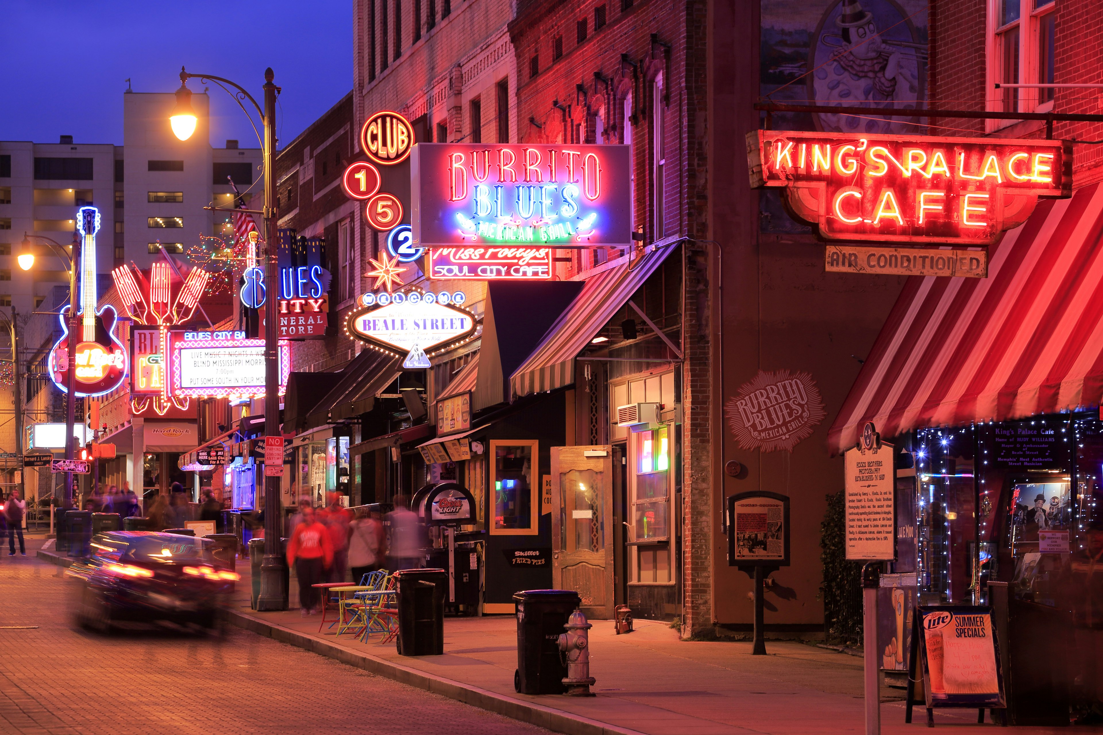 Bright lights and signs outside clubs on Beale St, Memphis, Tennessee, USA