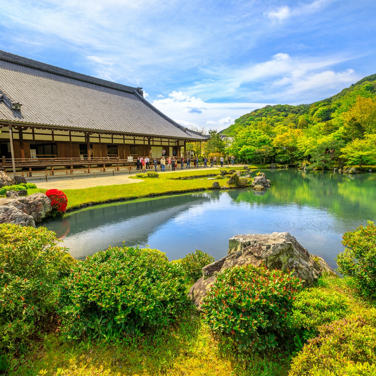 Kyoto, Japan - April 27, 2017: Hojo Hall and picturesque Sogen Garden or Sogenchi Teien with a circular promenade centered around Sogen-chi Pond in Tenryu-ji Zen Temple in Arashiyama. Springtime.
925512942