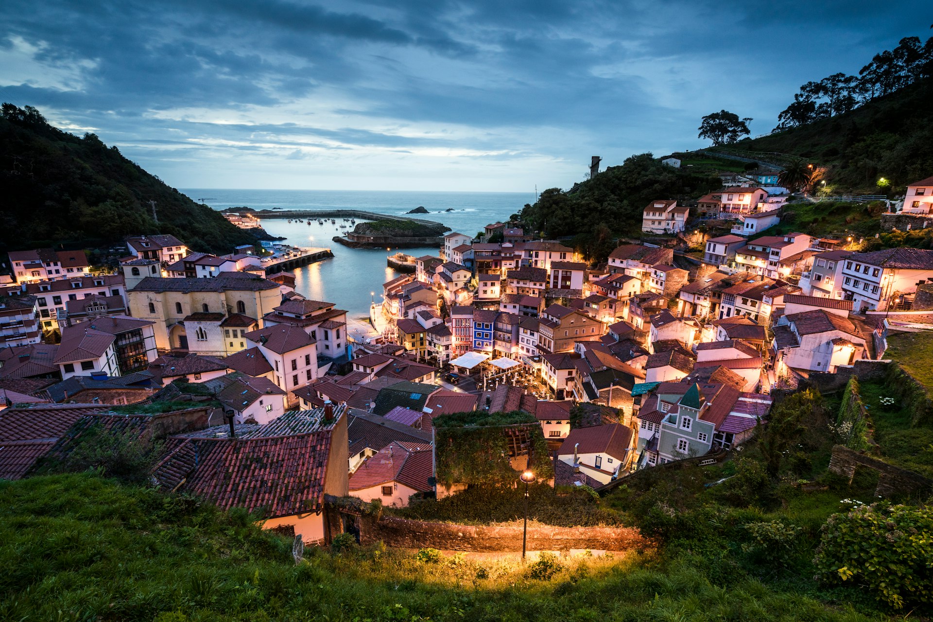 View from the top of the village at dusk, Cudillero, Asturias, Spain