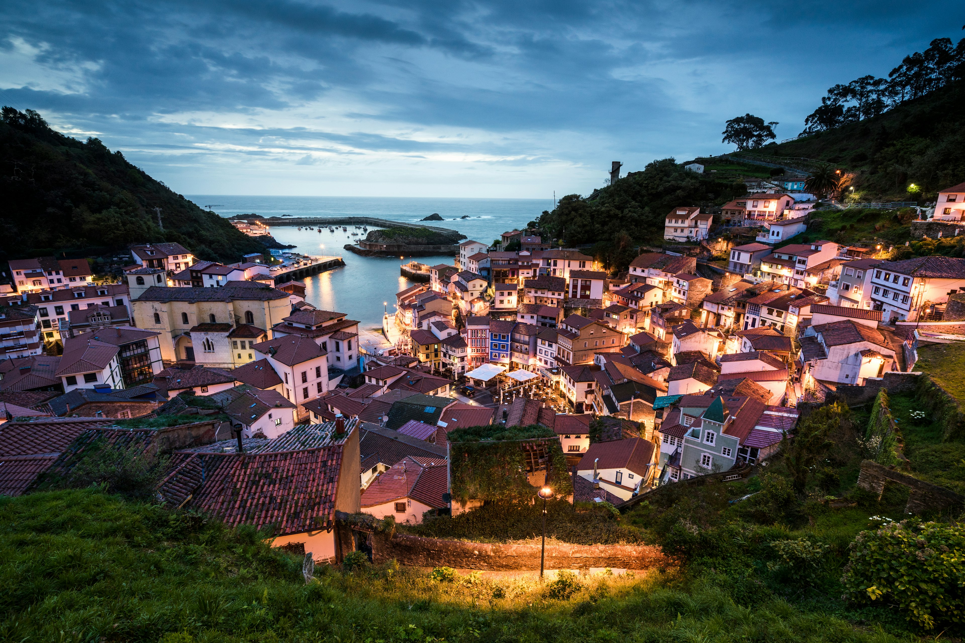 View from the top of the village at dusk, Cudillero, Asturias, Spain