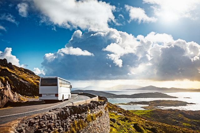 Tourist bus traveling on a mountain road, Ring of Kerry, Ireland