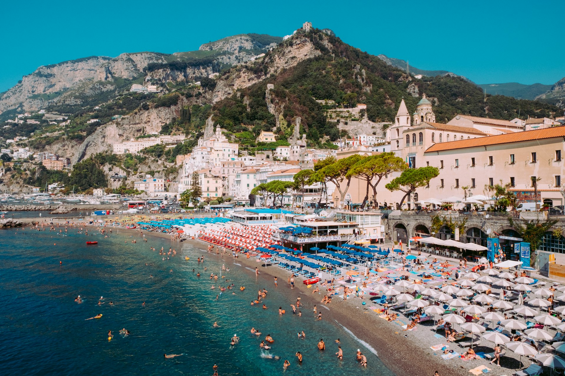 The beach filled with umbrellas, Amalfi, Campania, Italy