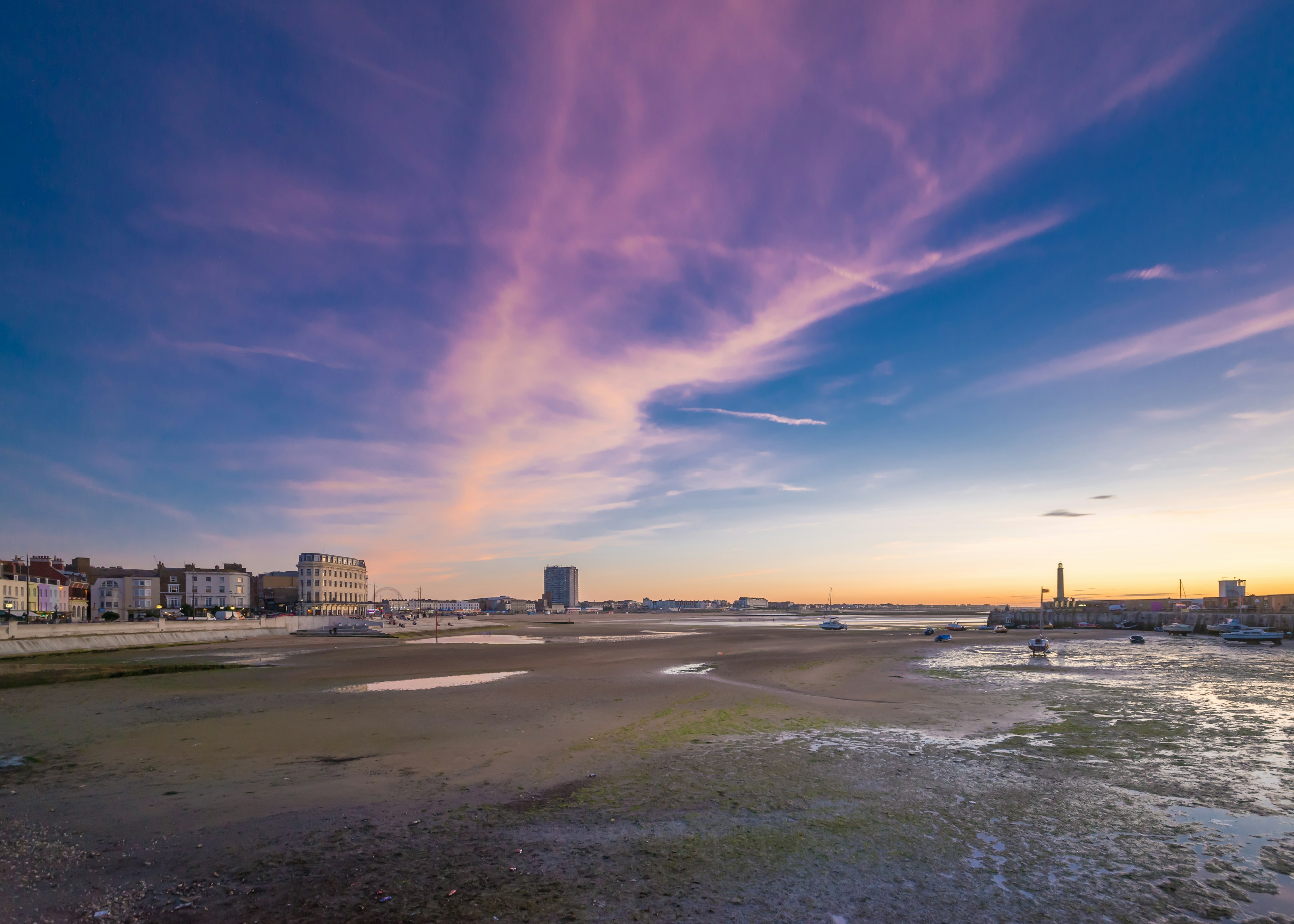 Sunset at low tide at Margate, Kent, England, United Kingdom