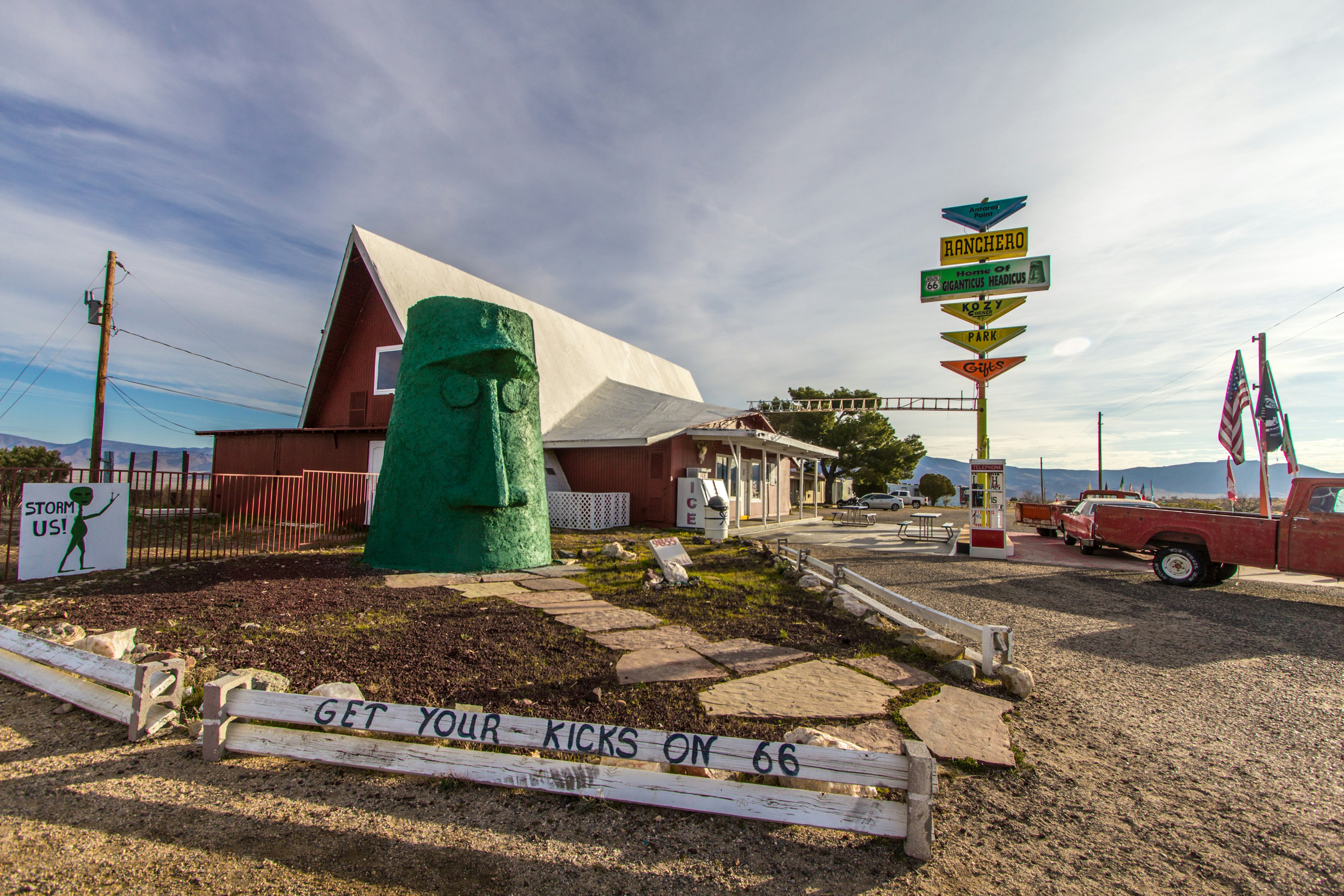 Roadside landmark Giganticus Headicus at a small gas station and general store along historic Route 66, Walapai, Arizona, USA