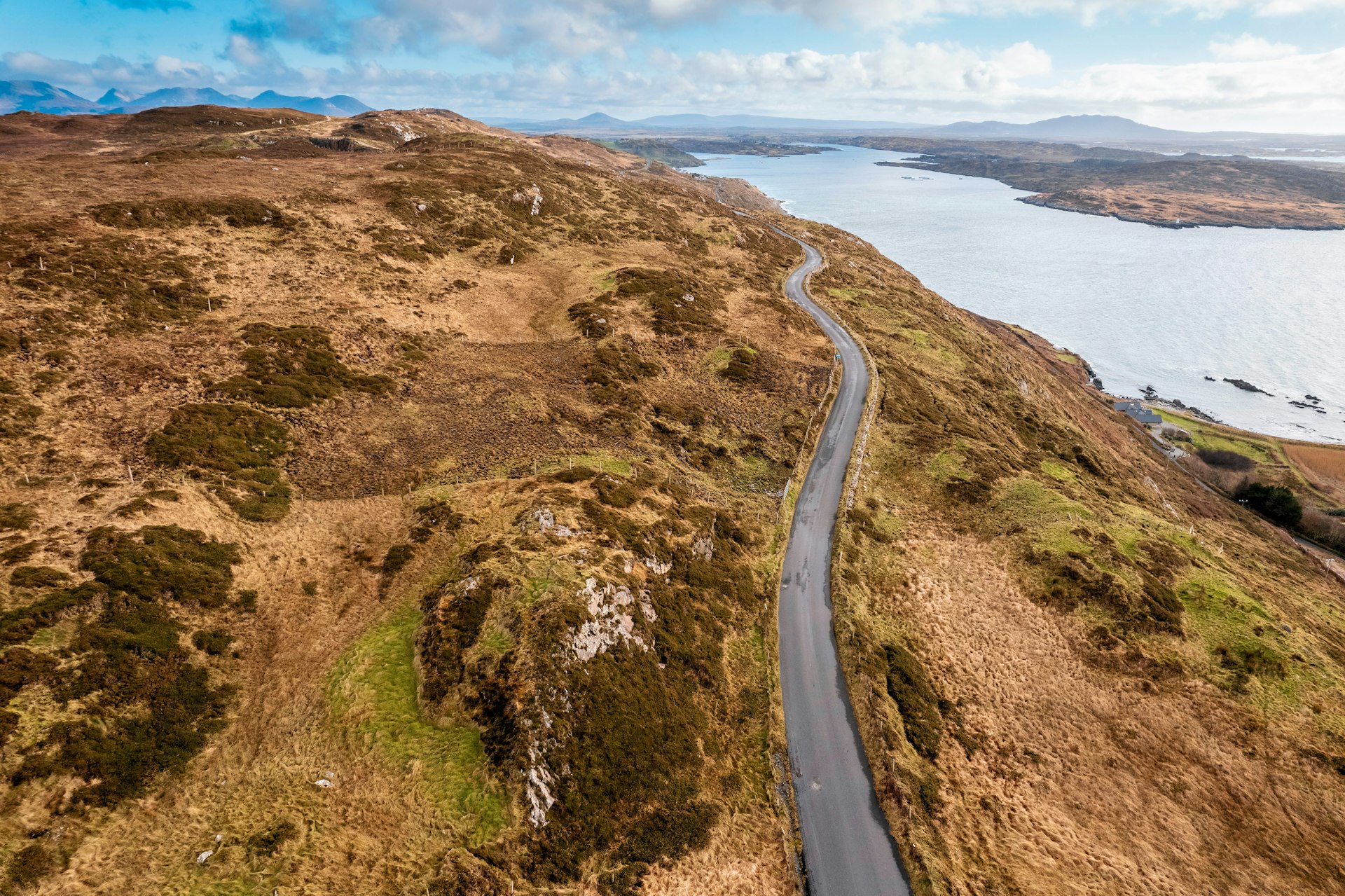 An aerial view of the winding Sky Road, County Galway, Ireland