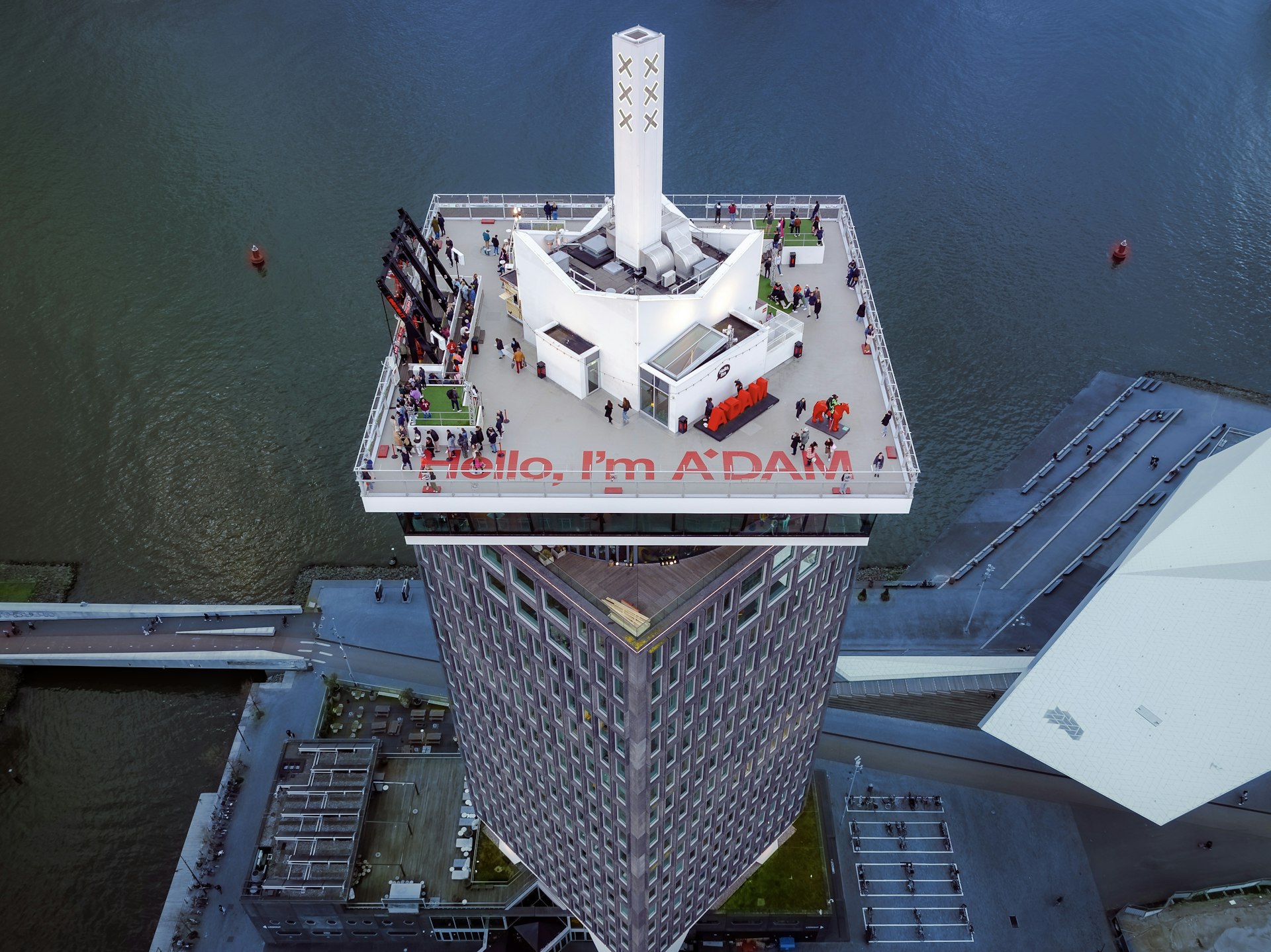The top of the 22-story A’DAM Tower seen from above, Amsterdam, the Netherlands