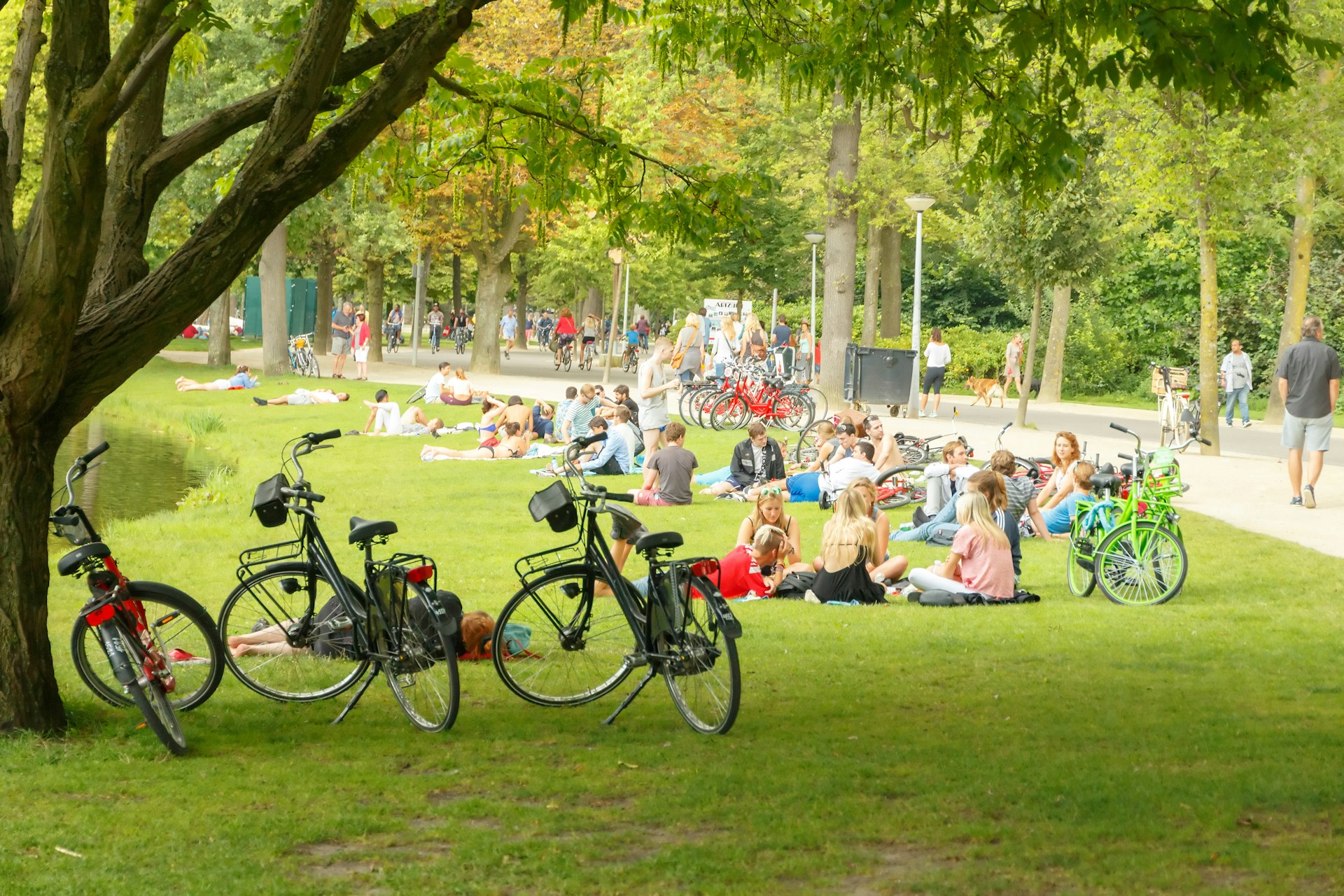 People lie out on a lawn on a sunny day in Vondelpark, Amsterdam, the Netherlands