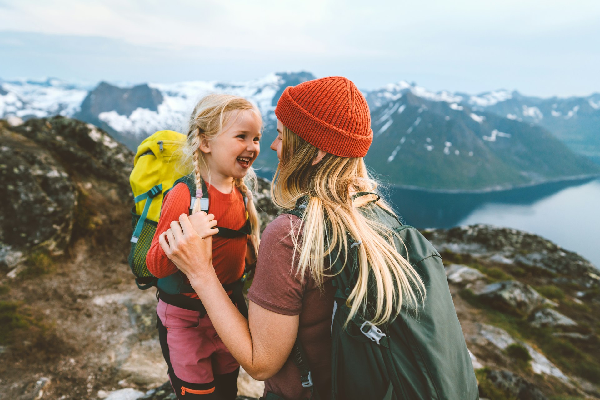 A mother and daughter hiking in the mountains of Norway