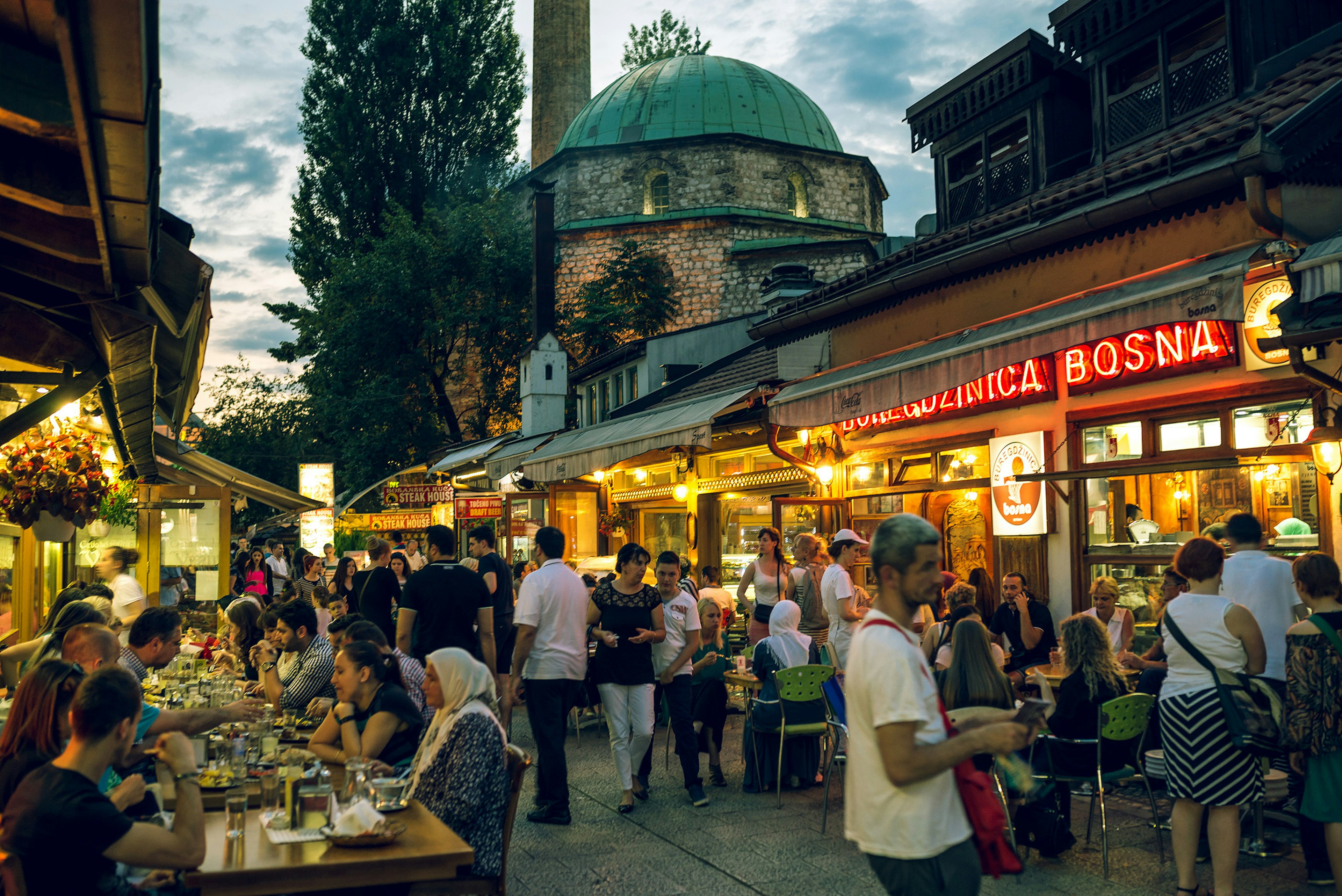 People having iftar dinner on streets of Sarajevo, Bosnia, during holy muslim month of Ramadan