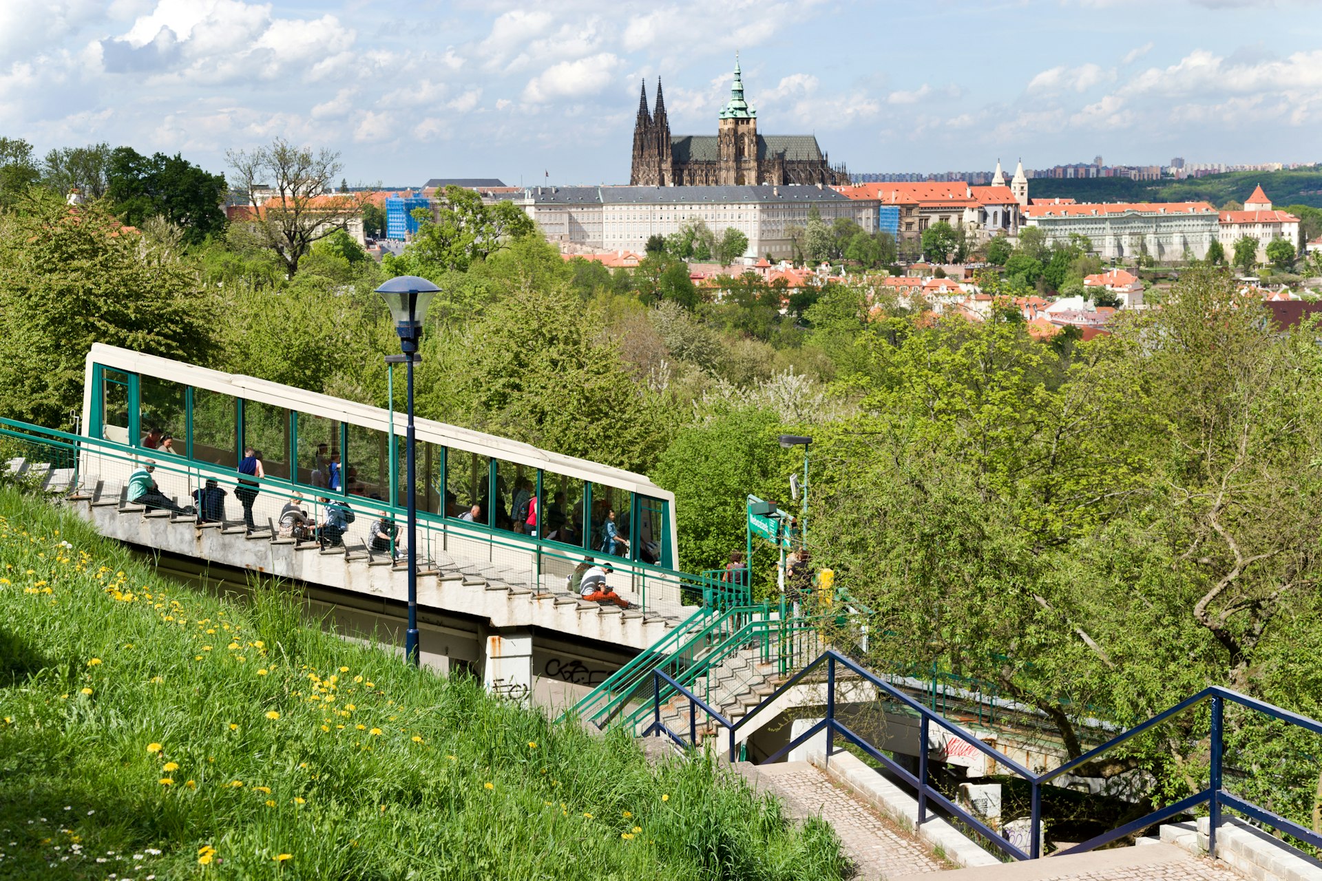The funicular up Petřín hill, with the skyline in the background, Prague, Czech Republic